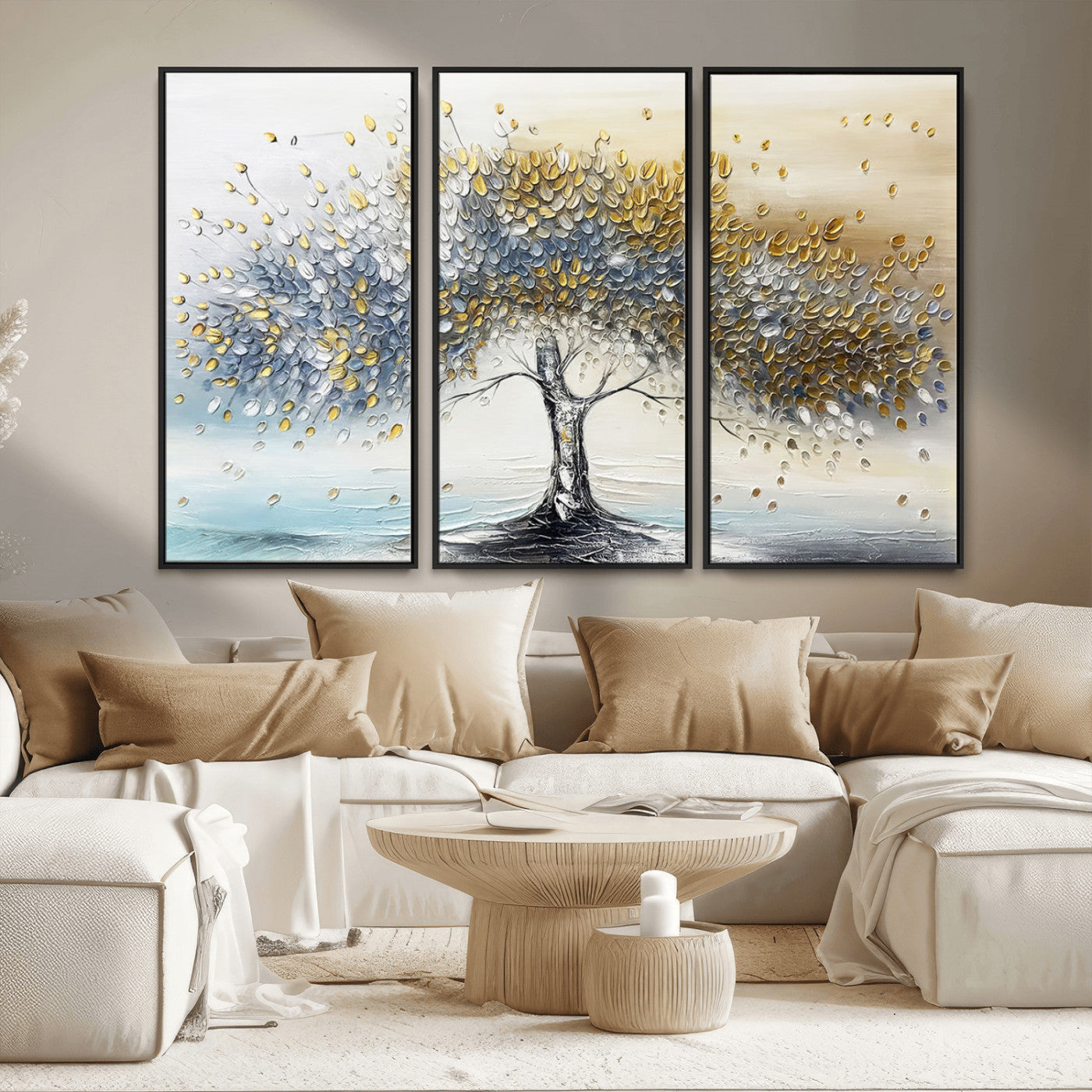 24771-MGV-FC-48X32-3P_Black-Silver Tree Wall Art Canvas Print, Framed Golden Leaves Art Picture Print, Metallic Tree Perfect Minimalist Luxury Decor Artwork