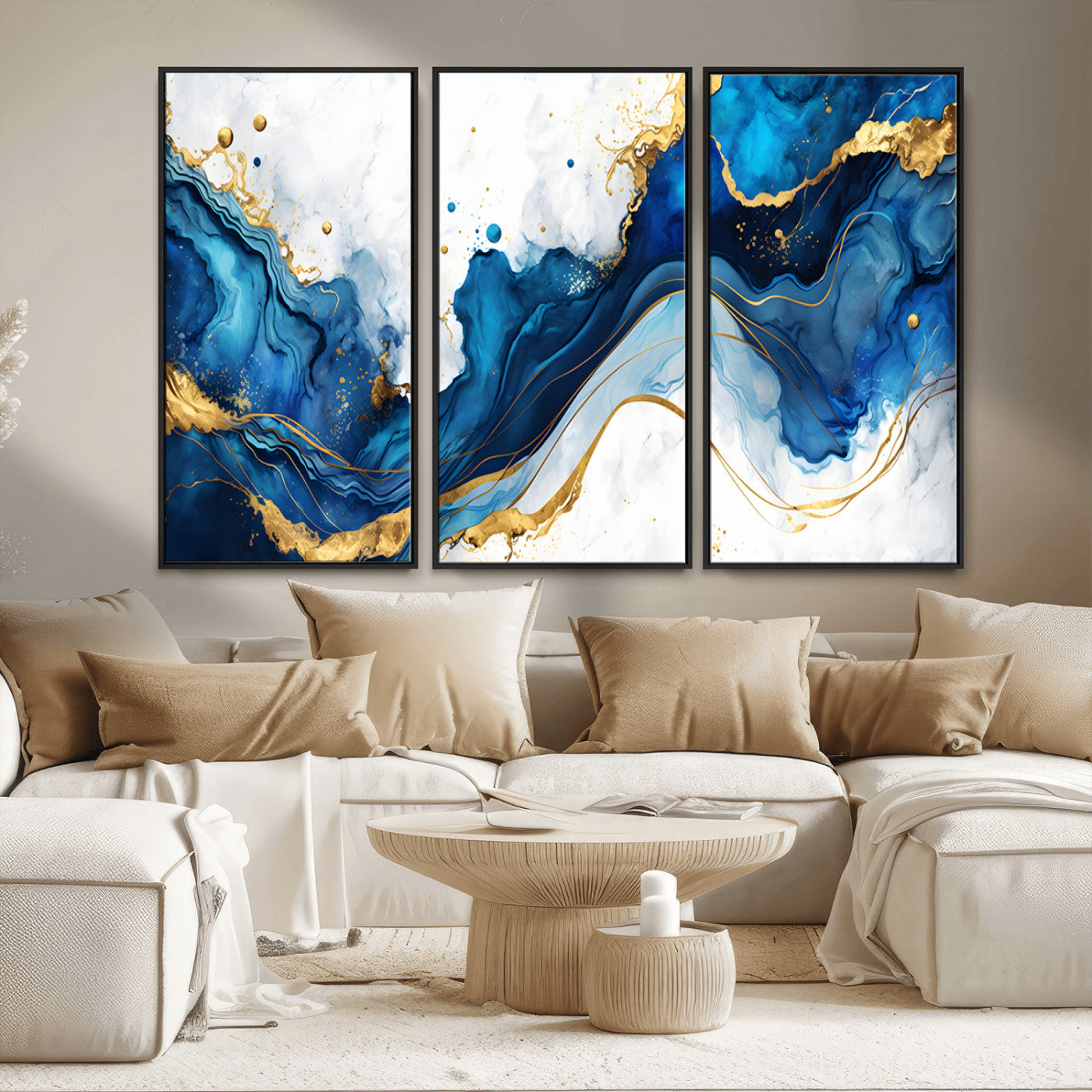 33506371-MGV-CV-36X24-Blue Marble Wall Art Canvas Print, Framed Gold Splash Art Picture Print, Abstract Wave Perfect Modern Luxe Decor Artwork