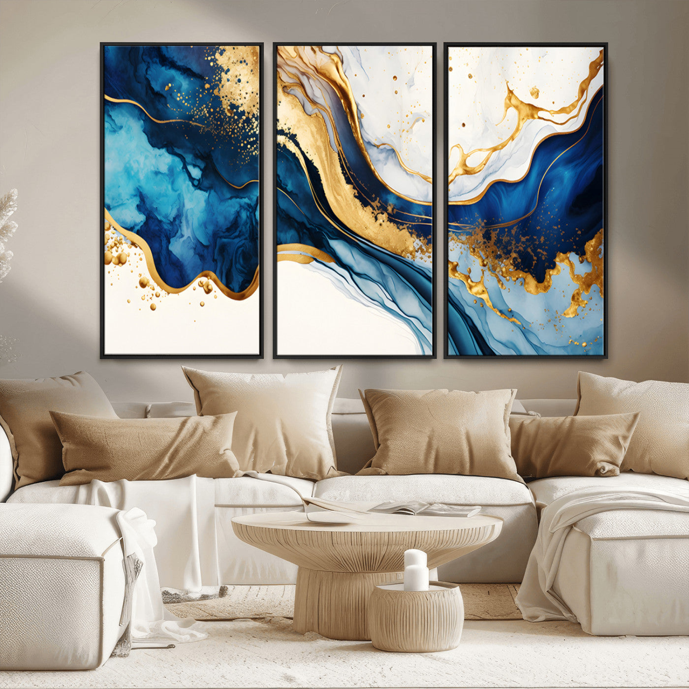 60283636-MGV-FC-48X32-3P_Black-Blue Gold Flow Wall Art Canvas Print, Framed Marble Texture Art Picture Print, Elegant Splash Perfect Elegant Abstract Decor