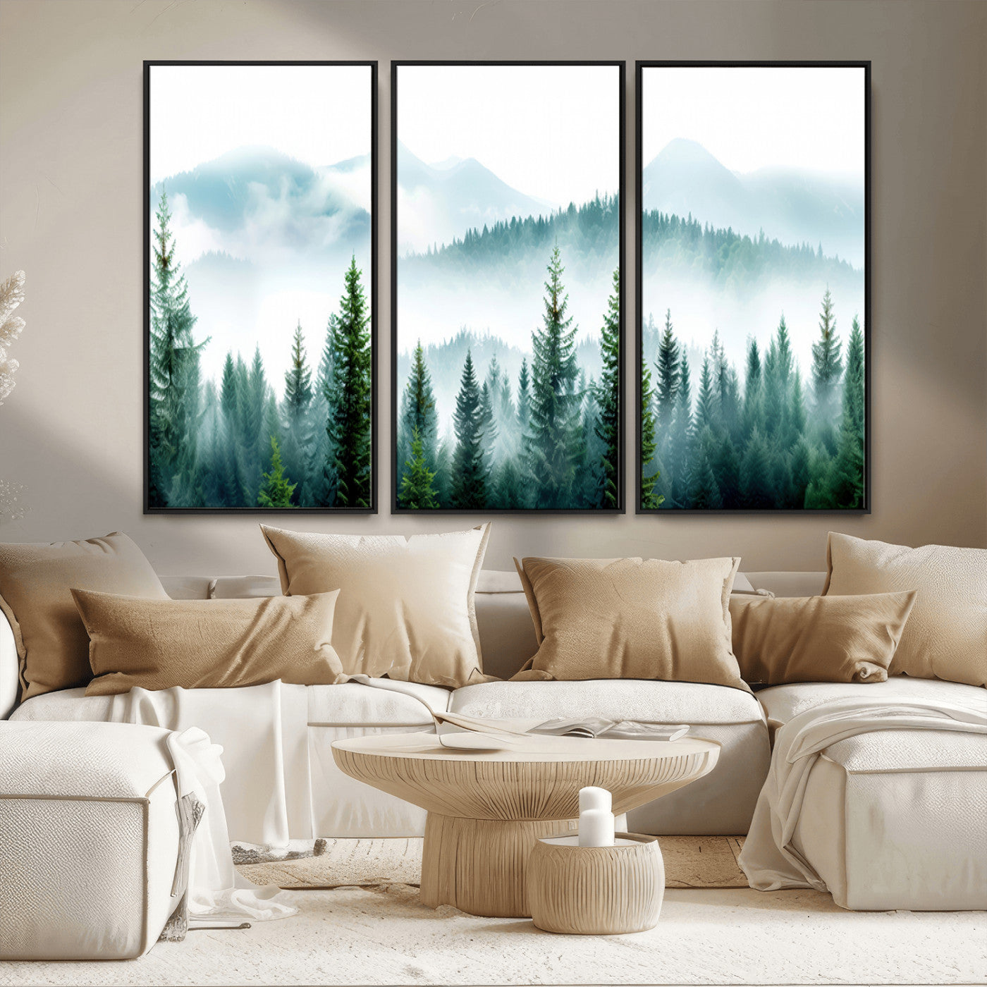 16716676-MGV-CV-36X24-Pine Forest Wall Art Canvas Print, Framed Misty Mountains Art Picture Print, Foggy Trees Perfect Moody Forest Decor Artwork