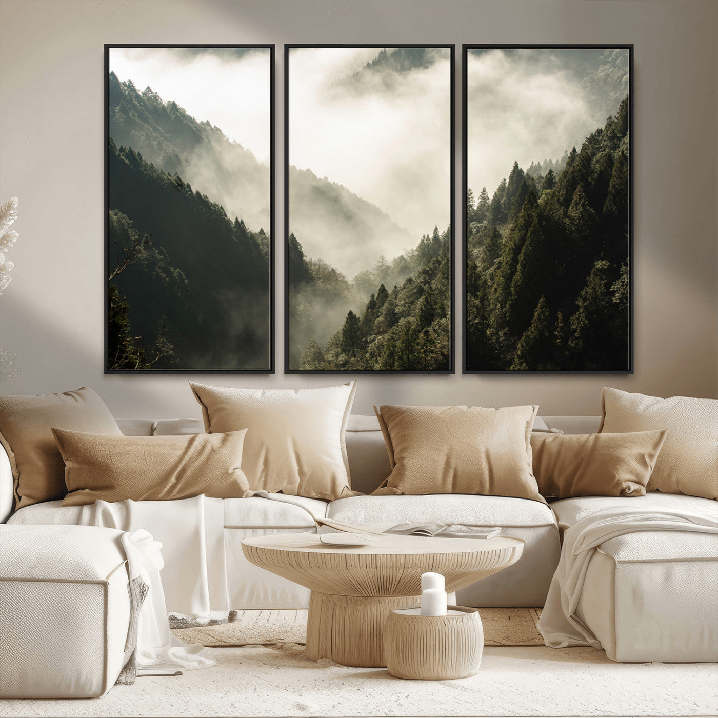 57570237-MGV-CV-36X24-Misty Valley Wall Art Canvas Print, Framed Foggy Forest Art Picture Print, Pine Trees Perfect Moody Woodland Decor Artwork