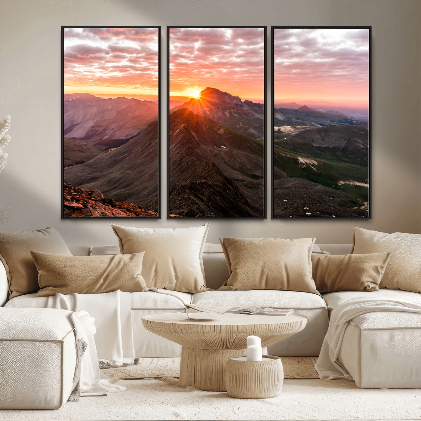 50957419-MGV-FC-48X32-3P_Black-Mountain Sunrise Wall Art Canvas Print, Framed Alpine Ridge Art Picture Print, Mountain Range Perfect Vibrant Rustic Decor Artwork