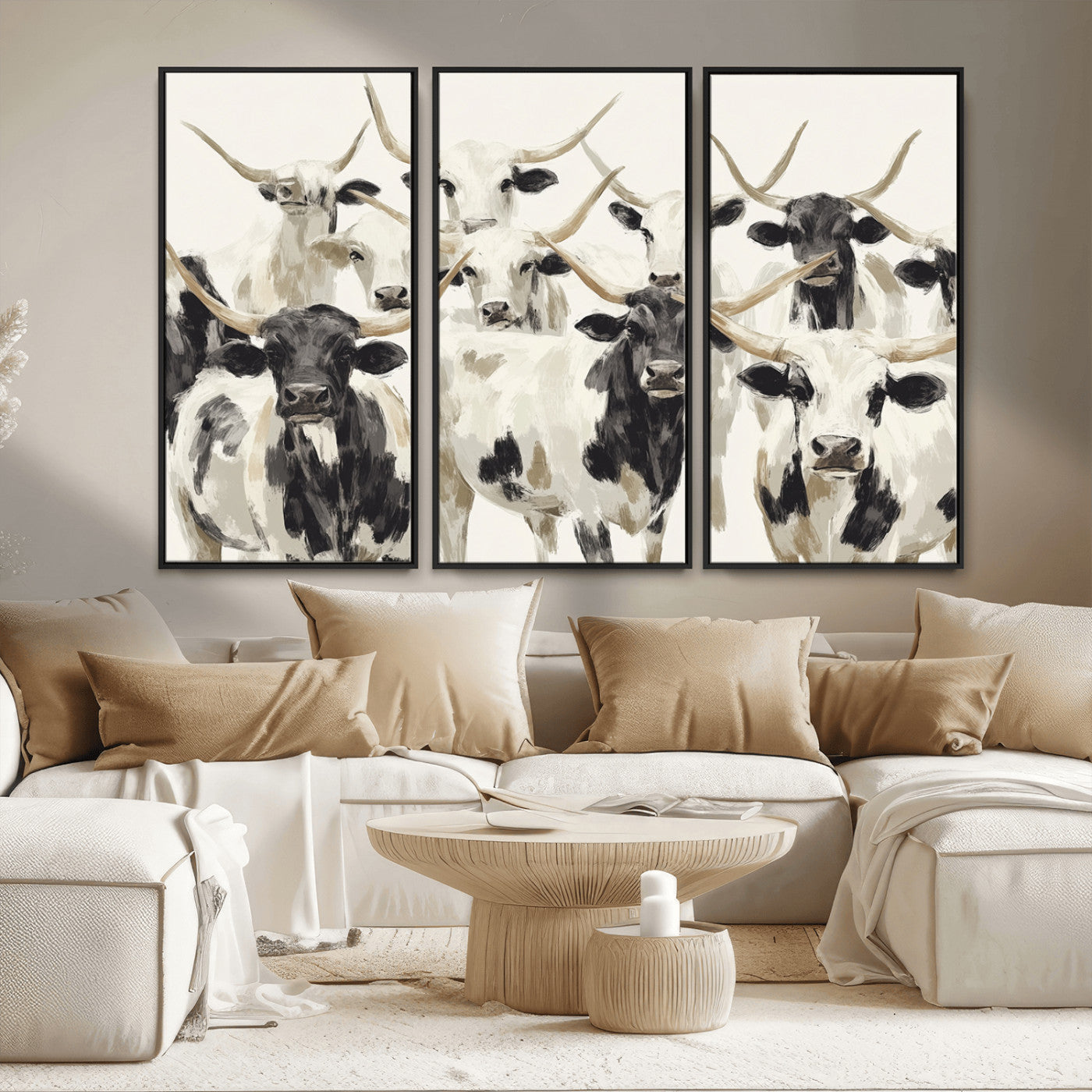 52947970-MGV-CV-36X24-Texas Longhorn Wall Art Canvas Print, Framed Cattle Herd Art Picture Print, Herd Portrait Perfect Modern Farmhouse Decor Artwork