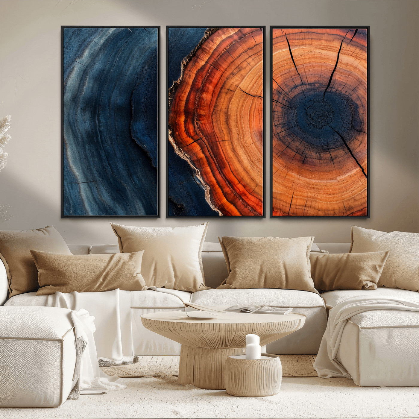 57732250-MGV-CV-36X24-Tree Ring Abstract Wall Art – Blue Orange Wood Grain Canvas Print, Modern Rustic Nature Artwork for Living Room, Office,