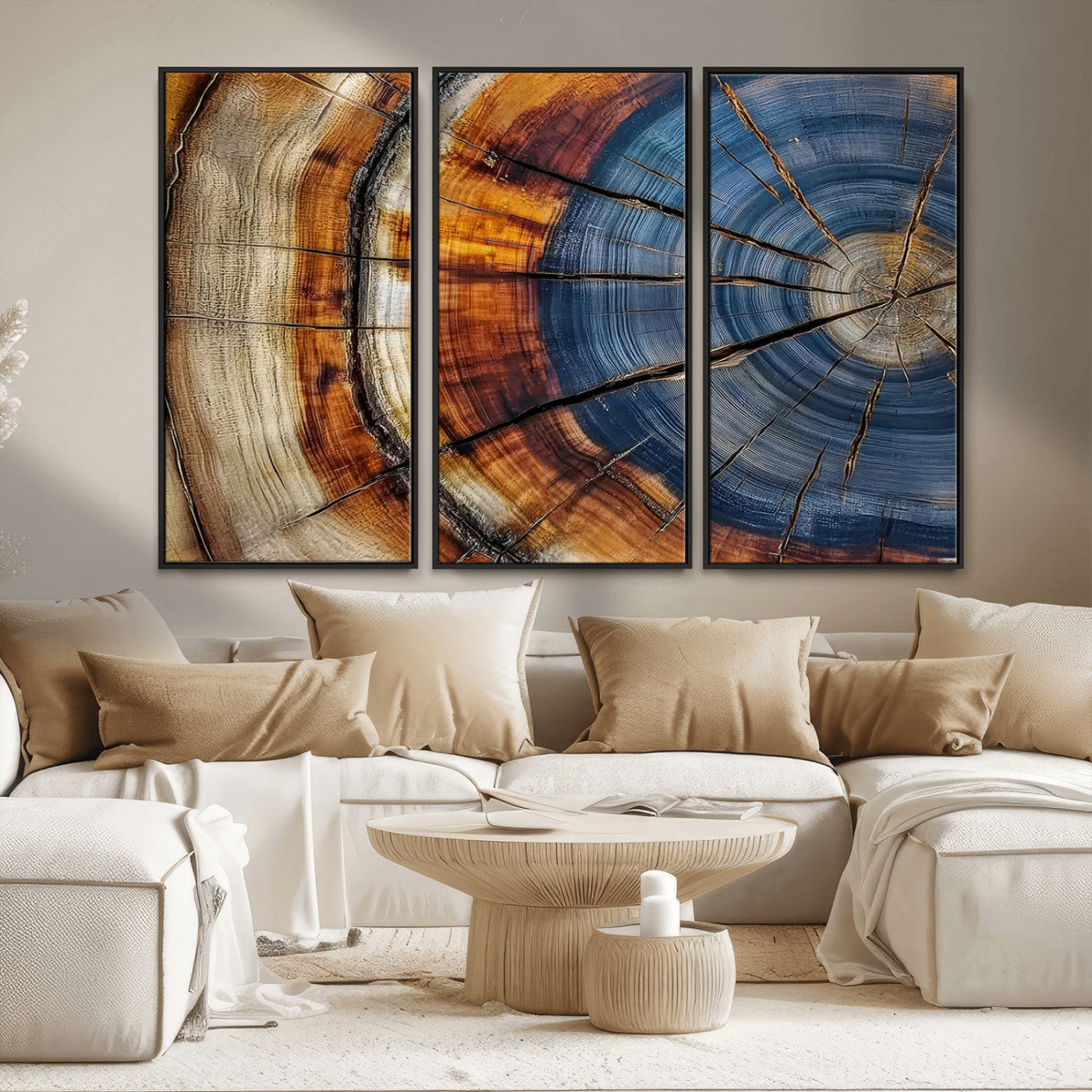18032999-MGV-CV-36X24-Tree Ring Wall Art – Blue Brown Abstract Wood Slice Canvas Print, Rustic Modern Nature Decor for Living Room, Office, Bedroom or