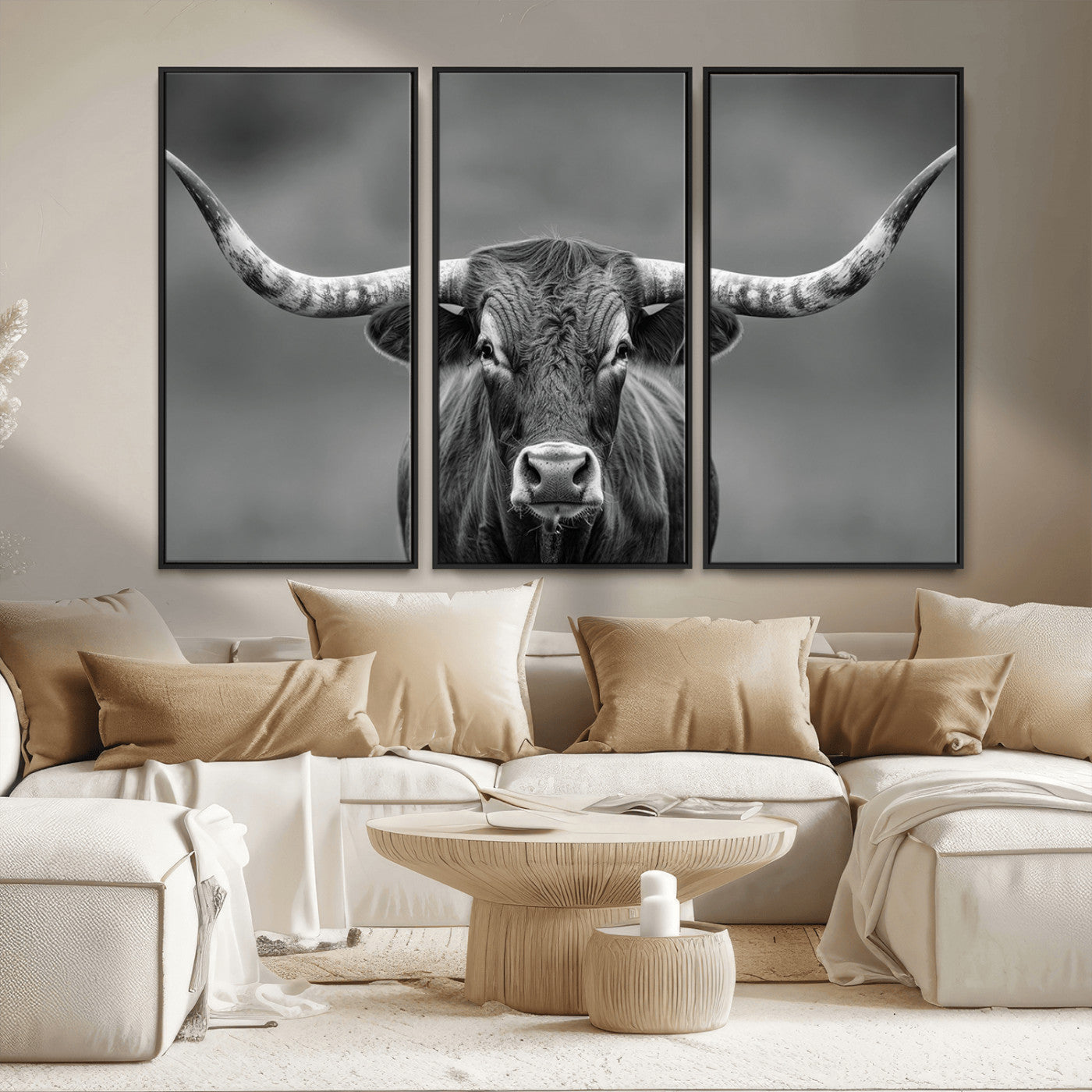 81228550-MGV-FC-48X32-3P_Black-Framed Texas Longhorn Bull Art Canvas Print, Western Bull Wall Art Print, Long Horn Bull Photo Print for Log Cabin, Large Bull