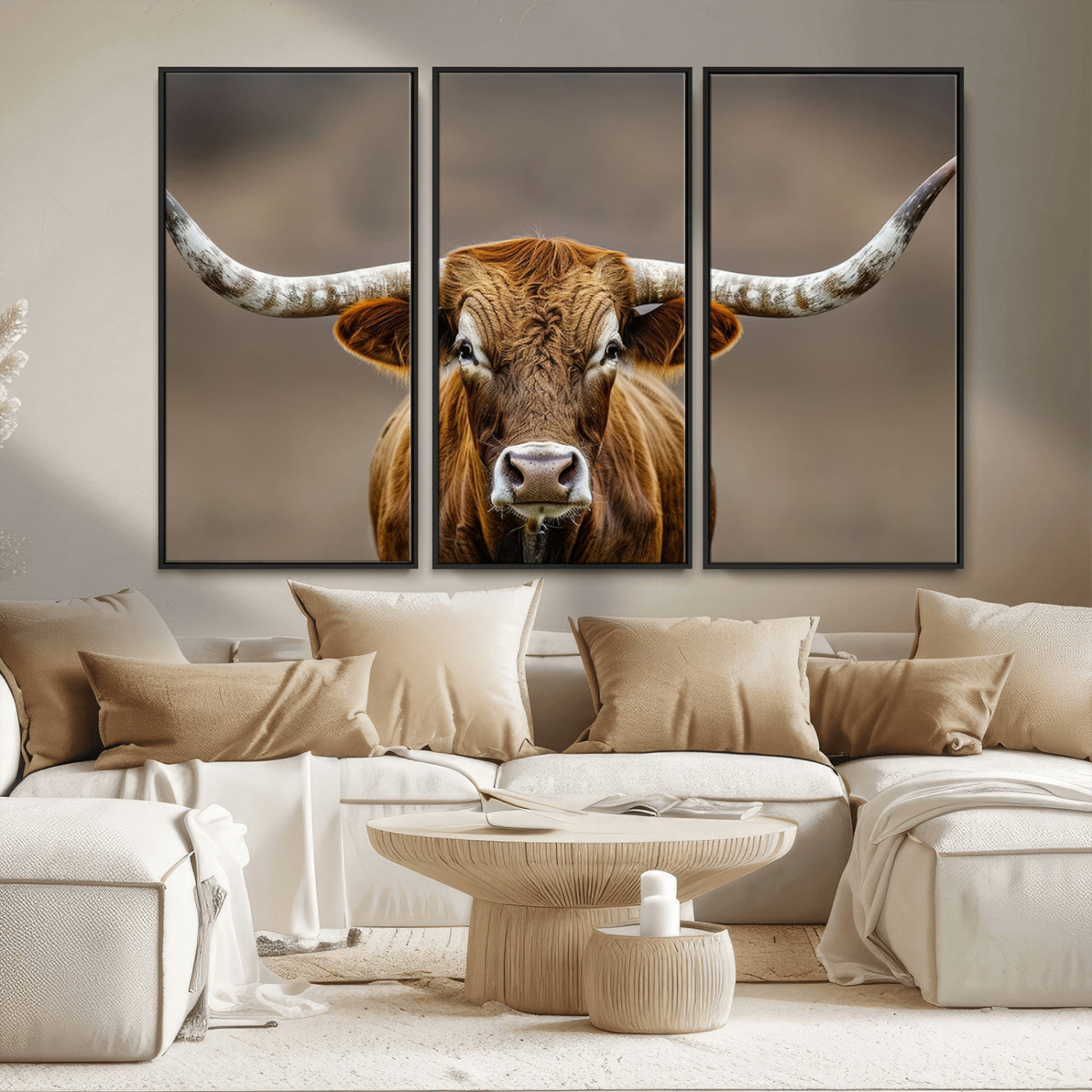 12179171-MGV-CV-36X24-Texas Longhorn Wall Art Canvas Print, Framed Brown Bull Art Picture Print, Lone Cattle Perfect Rustic Western Decor Artwork