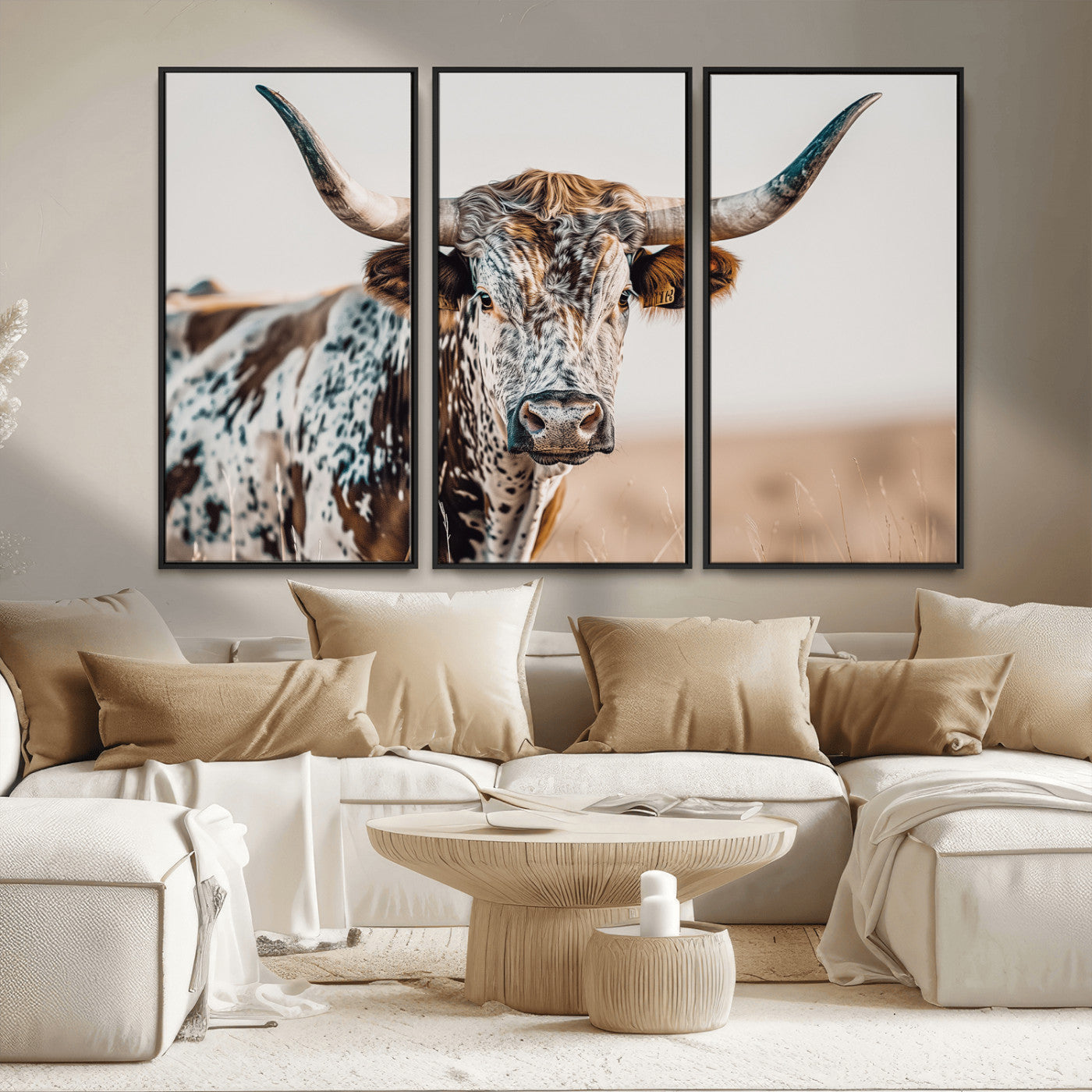 70414966-MGV-CV-36X24-Texas Longhorn Wall Art Canvas Print, Framed Speckled Cow Art Picture Print, Horned Bull Perfect Rustic Western Decor Artwork