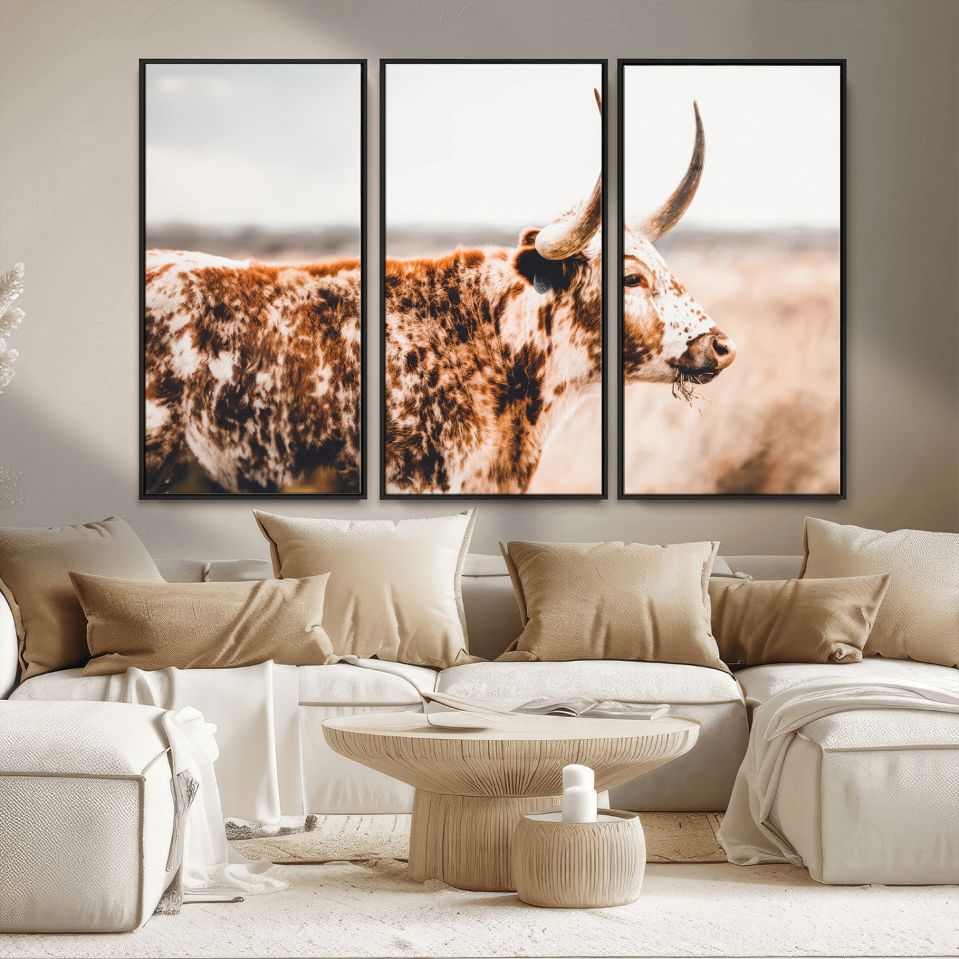11528295-MGV-CV-36X24-Speckled Longhorn Wall Art Canvas Print, Framed Texas Cattle Art Picture Print, Horned Cow Perfect Rustic Western Decor Artwork