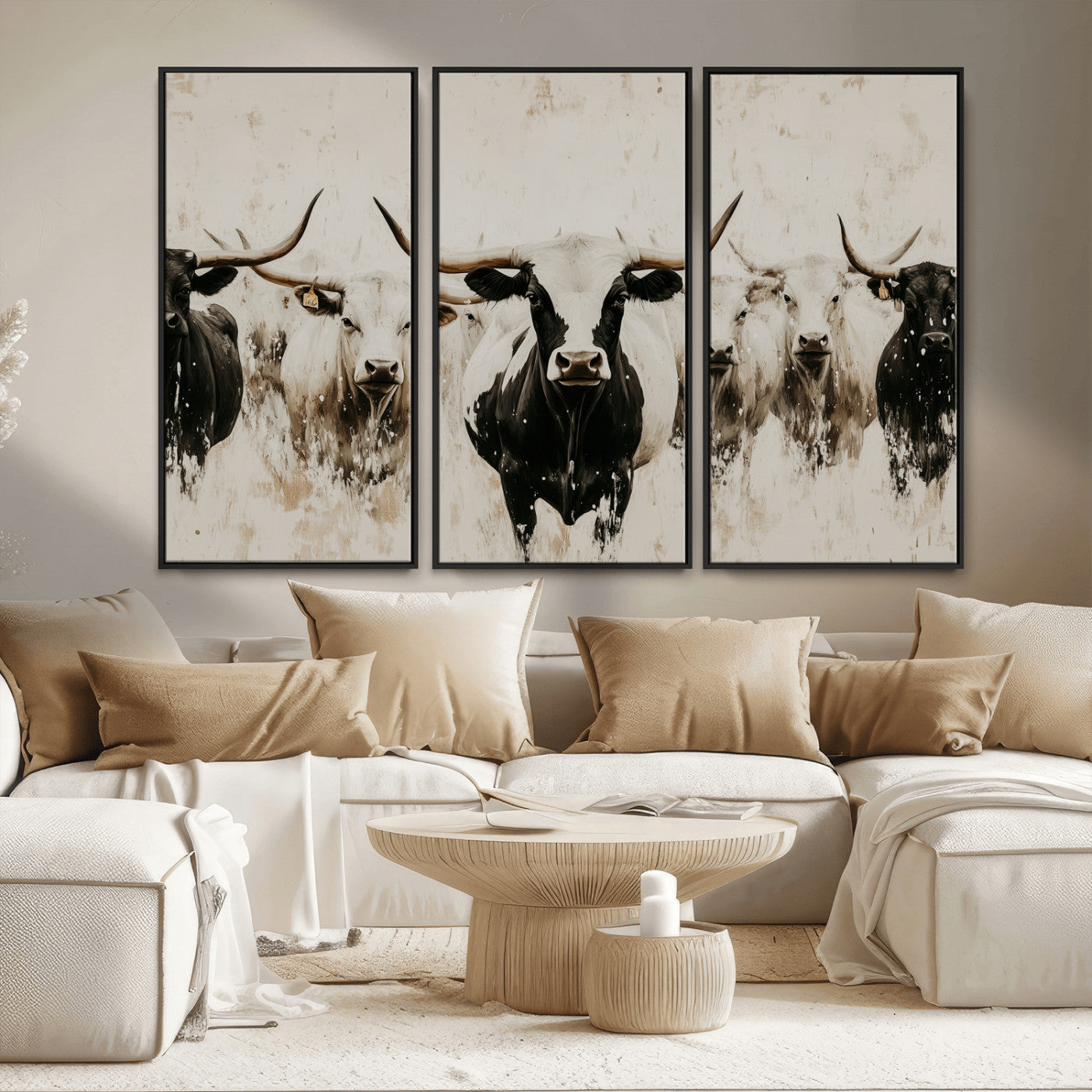 12027562-MGV-FC-48X32-3P_Black-Longhorn Cattle Wall Art Canvas Print, Framed Bison Herd Art Picture Print, Cattle Group Perfect Rustic Farmhouse Decor Artwork