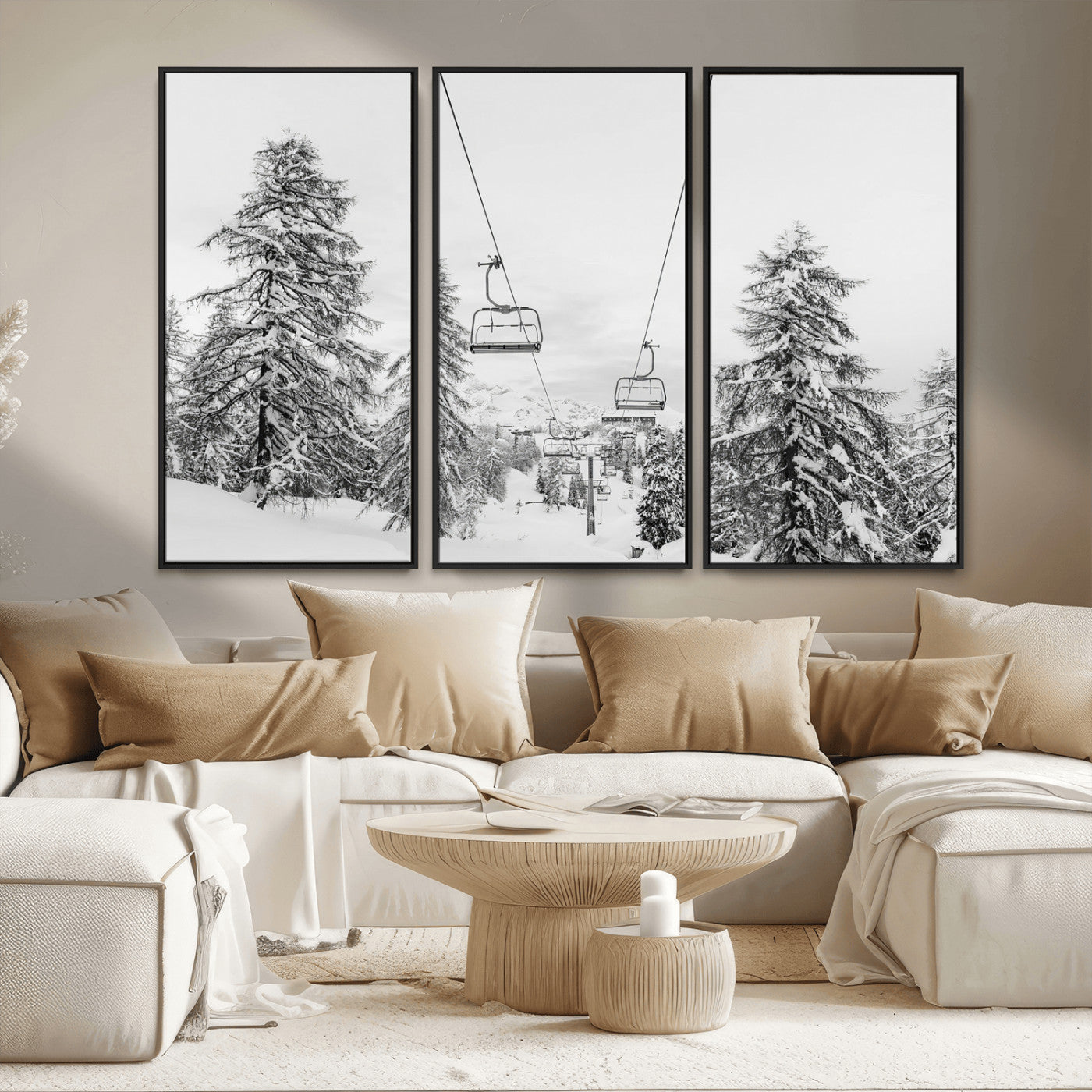 55003599-MGV-CV-36X24-Snowy Ski Lift Wall Art Canvas Print, Framed Winter Forest Art Picture Print, Ski lift Ride Perfect Winter Lodge Decor Artwork