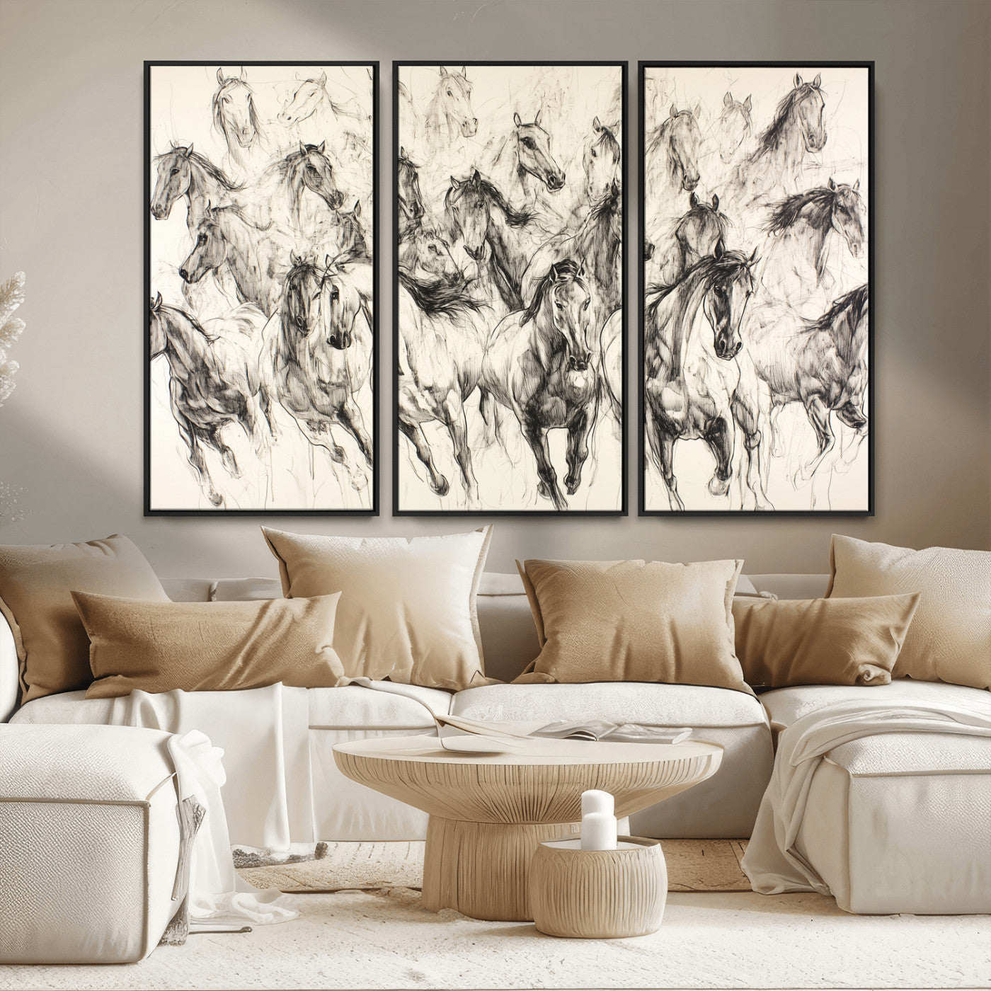 19433417-MGV-CV-36X24-Running Horses Wall Art Canvas Print, Framed Horse Sketch Art Picture Print, Galloping Herd Perfect Monochrome Western Decor