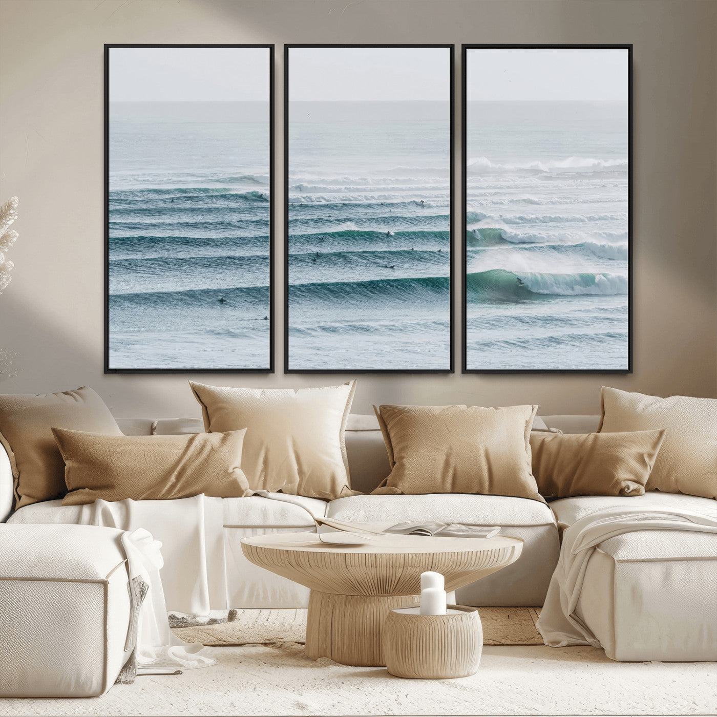 73969318-MGV-CV-36X24-Ocean Waves Wall Art Canvas Print, Framed Surfer Lineup Art Picture Print, Crowded Ocean Perfect Minimal Coastal Decor Artwork