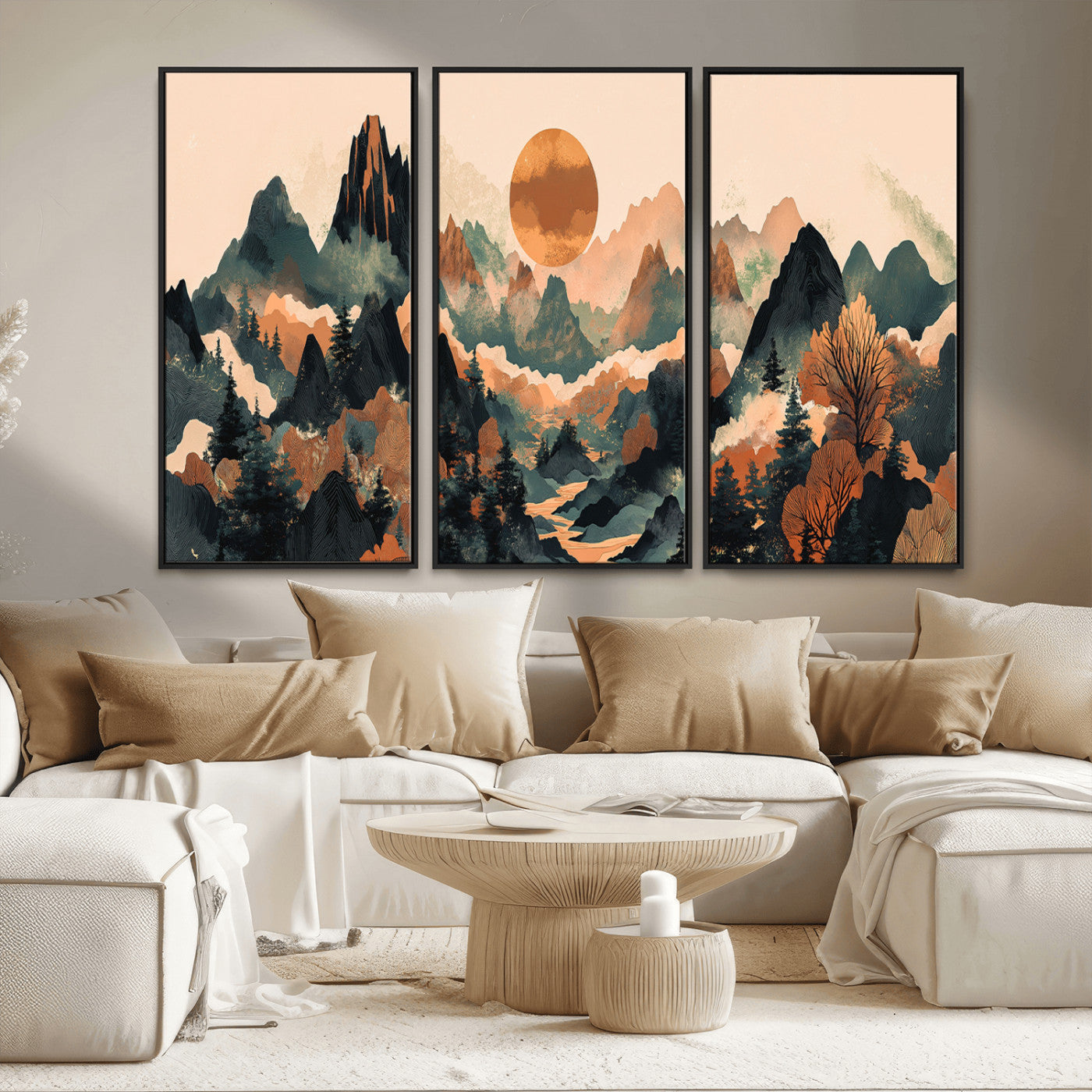 13012770-MGV-CV-36X24-Mountain Landscape Wall Art – Modern Nature Canvas Print with Sun, Misty Peaks, and Forest in Orange and Green Tones for Living