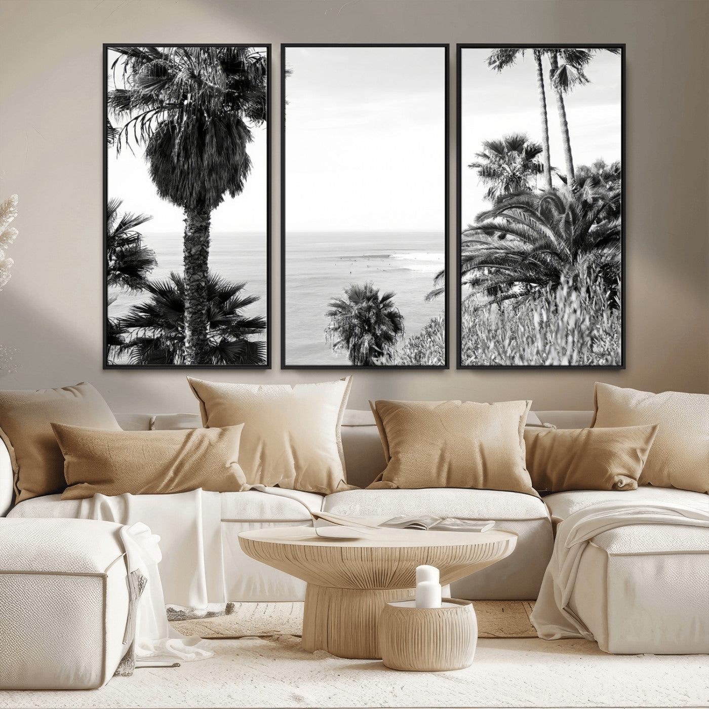 89458520-MGV-CV-36X24-Palm Trees Wall Art Canvas Print, Framed Coastal View Art Picture Print, Ocean Horizon Perfect Monochrome Coast Decor Artwork