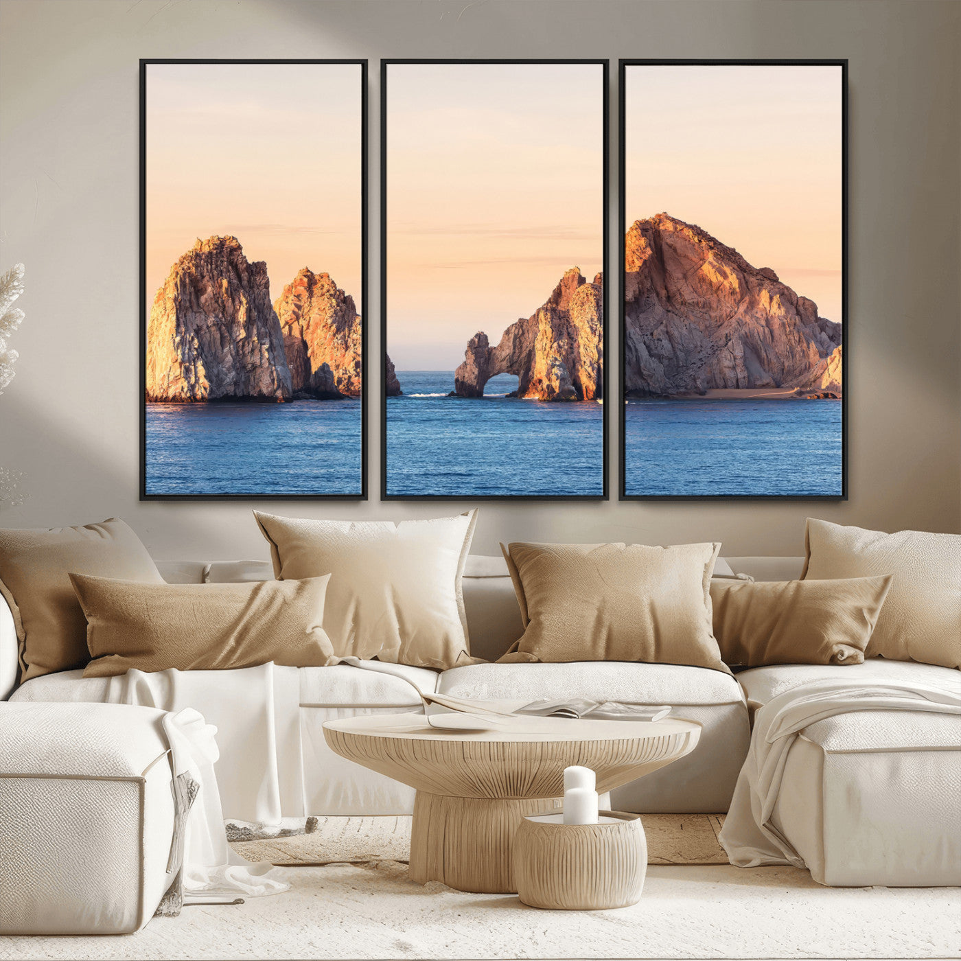 72996116-MGV-FC-48X32-3P_Black-El Arco Wall Art Canvas Print, Framed Cabo Rocks Art Picture Print, Ocean Arch Perfect Golden Coastal Landmark Decor Artwork