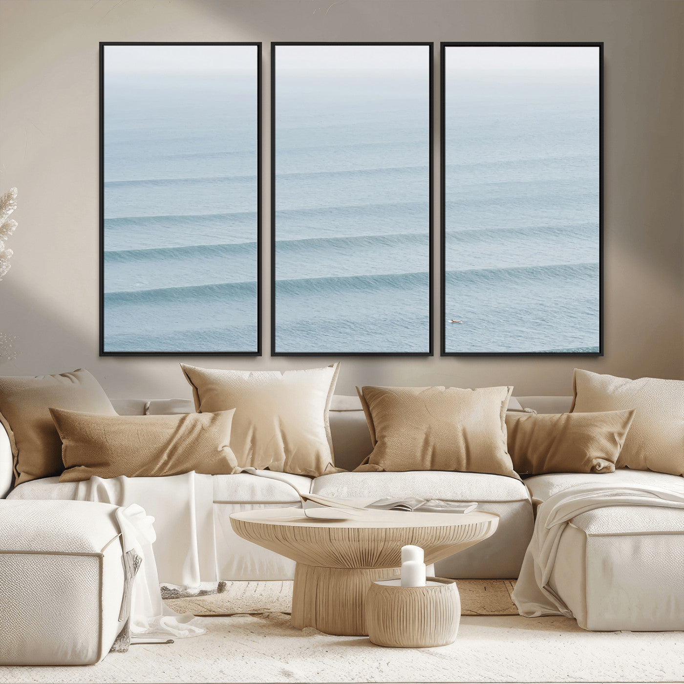 47814787-MGV-CV-36X24-Ocean Waves Wall Art Canvas Print, Framed Solo Surfer Art Picture Print, Wave Lines Perfect Minimalist Ocean Decor Artwork