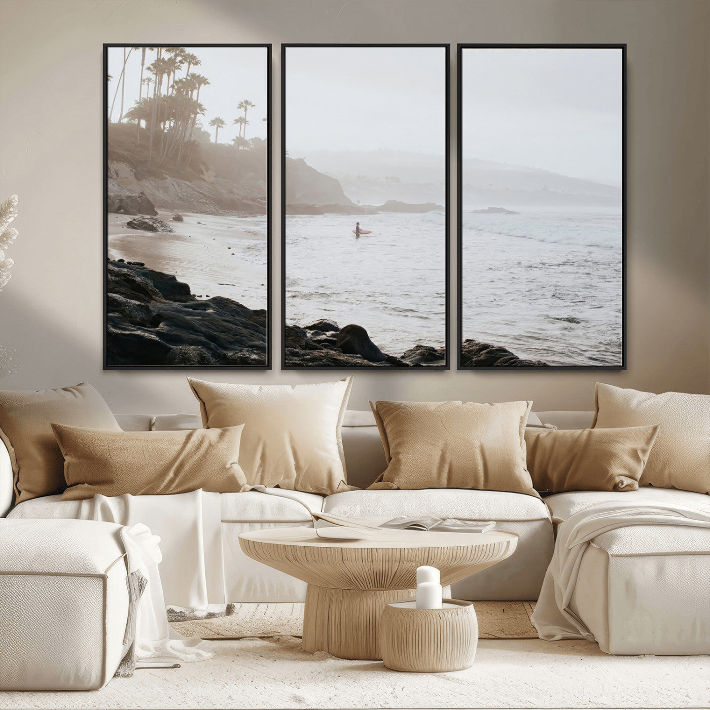 62501405-MGV-CV-36X24-Misty Beach Wall Art Canvas Print, Framed California Surfer Art Picture Print, Coastal Cliff Perfect Coastal Beach Decor Artwork