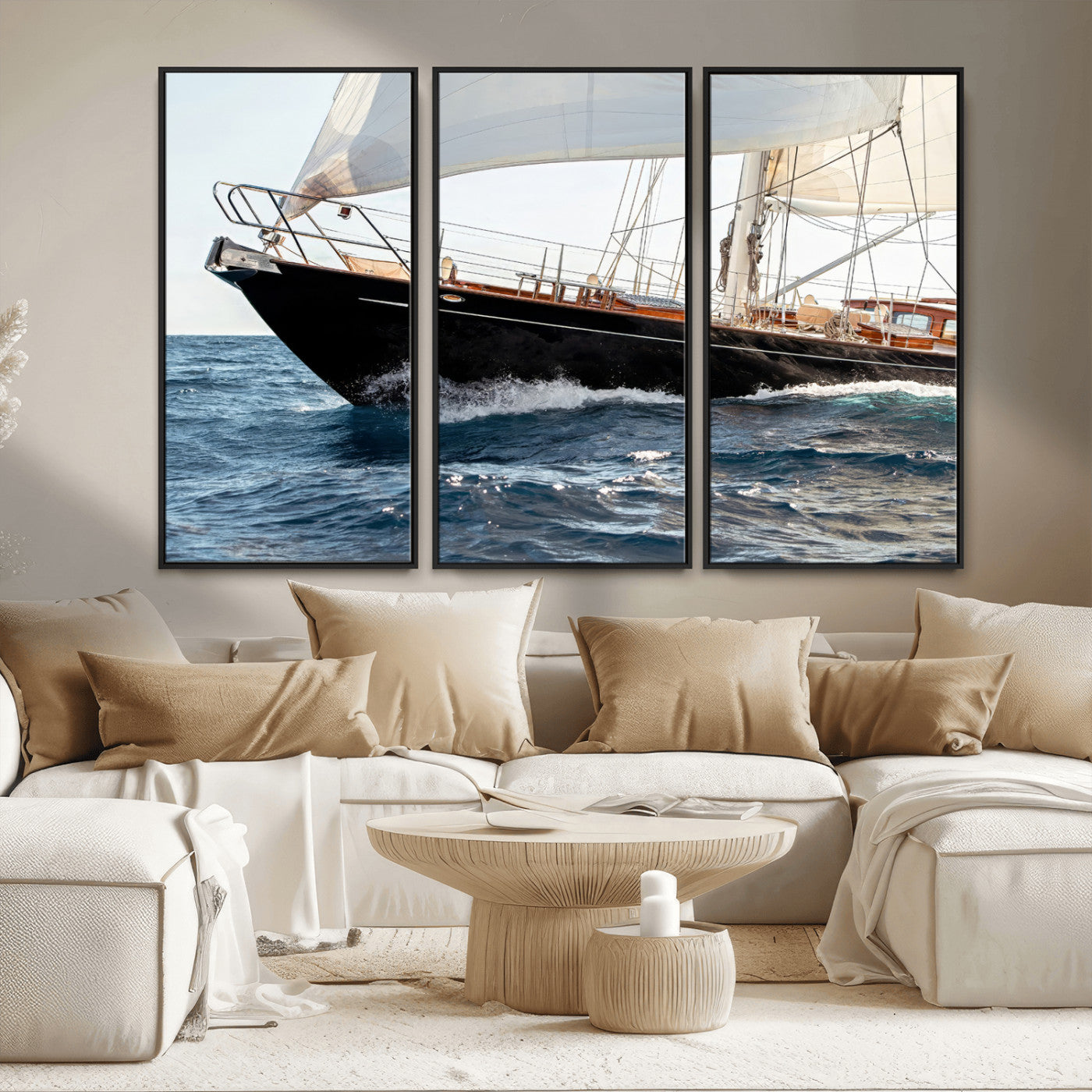 97168626-MGV-CV-36X24-Sailing Yacht Wall Art Canvas Print, Framed Wooden Yacht Art Picture Print, Ocean Waves Perfect Nautical Coastal Decor Artwork