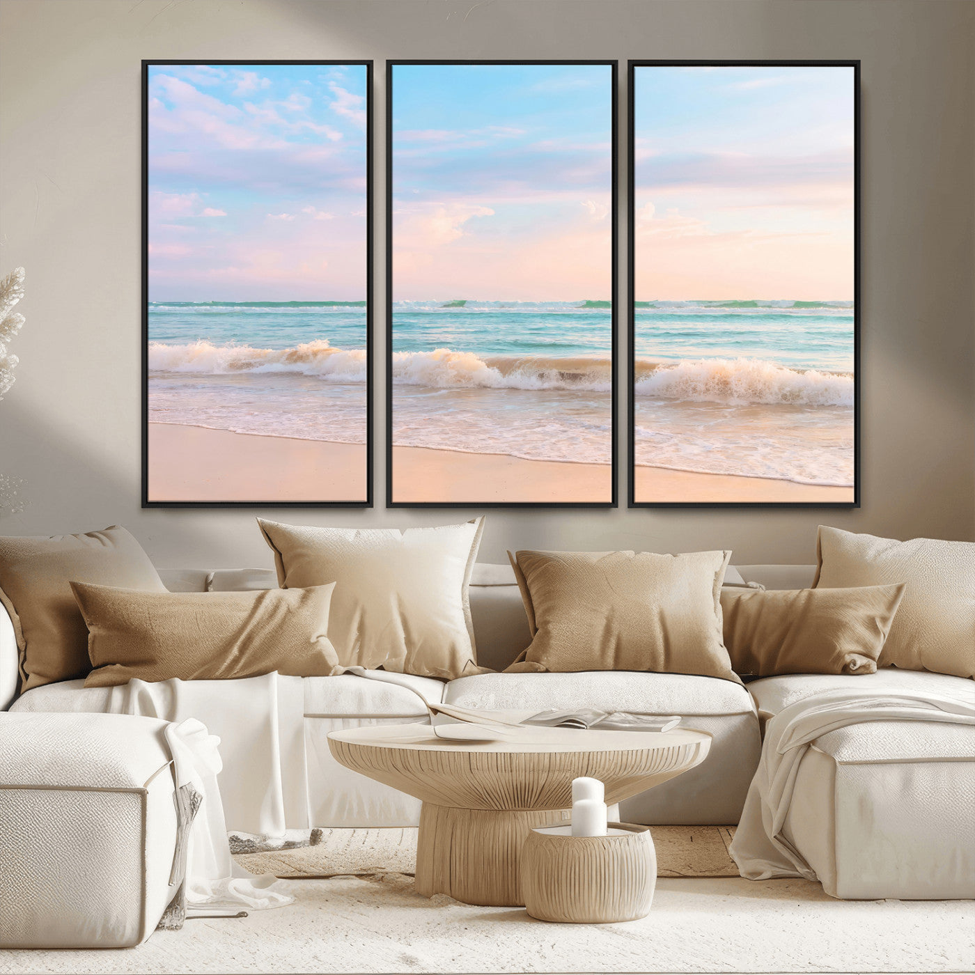 74679437-MGV-FC-48X32-3P_Black-Pastel Ocean Wall Art Canvas Print, Framed Beach Waves Art Picture Print, Soft Sunset Perfect Pastel Coastal Decor Artwork