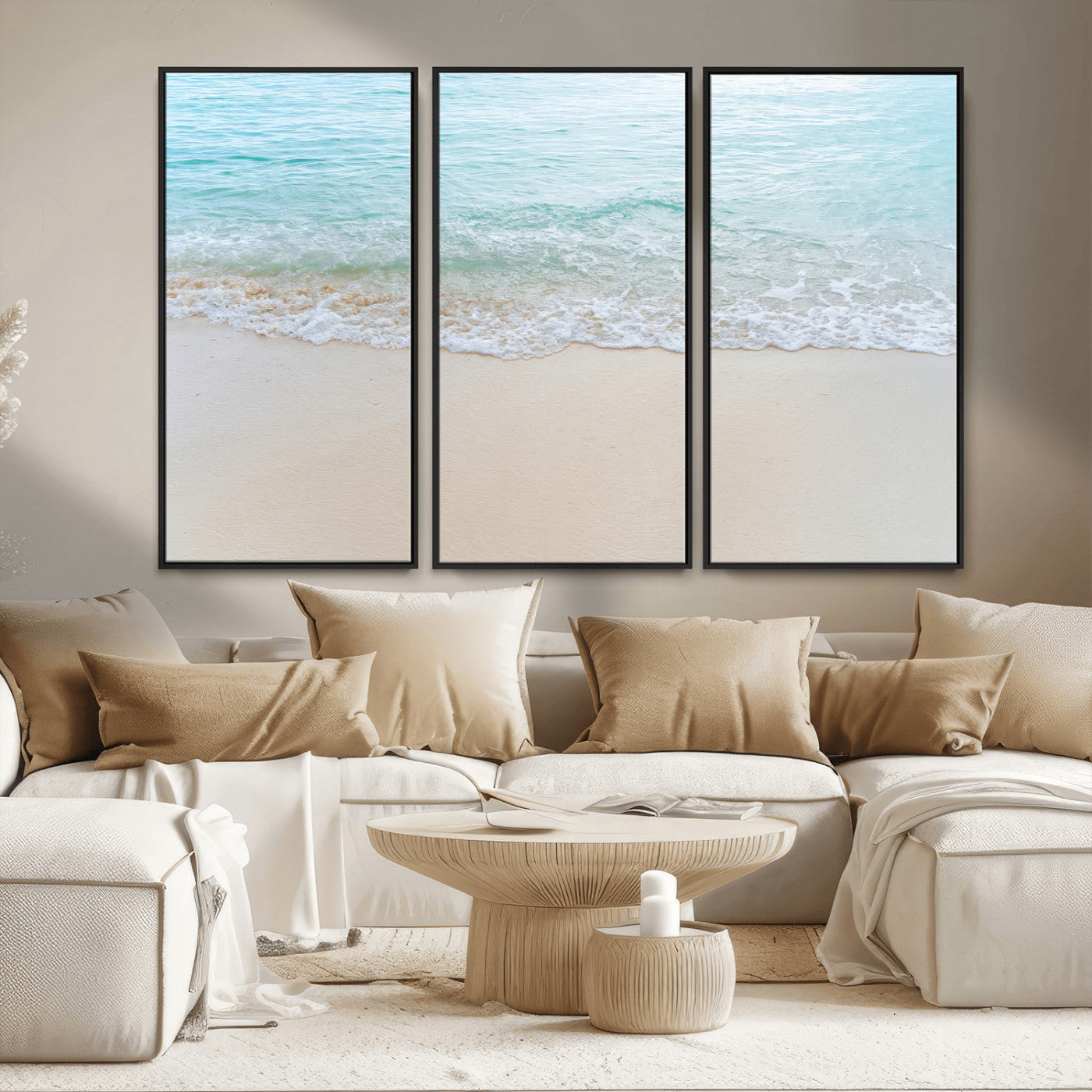 77194056-MGV-CV-36X24-Soft Shoreline Wall Art Canvas Print, Framed Gentle Waves Art Picture Print, Clear Water Perfect Minimalist Coastal Decor Artwork