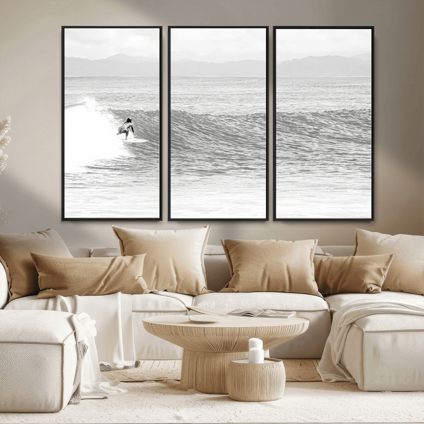 81535128-MGV-CV-36X24-Surfer Woman Wall Art Canvas Print, Framed Black Ocean Art Picture Print, Ocean Surfing Perfect Monochrome Coastal Decor Artwork