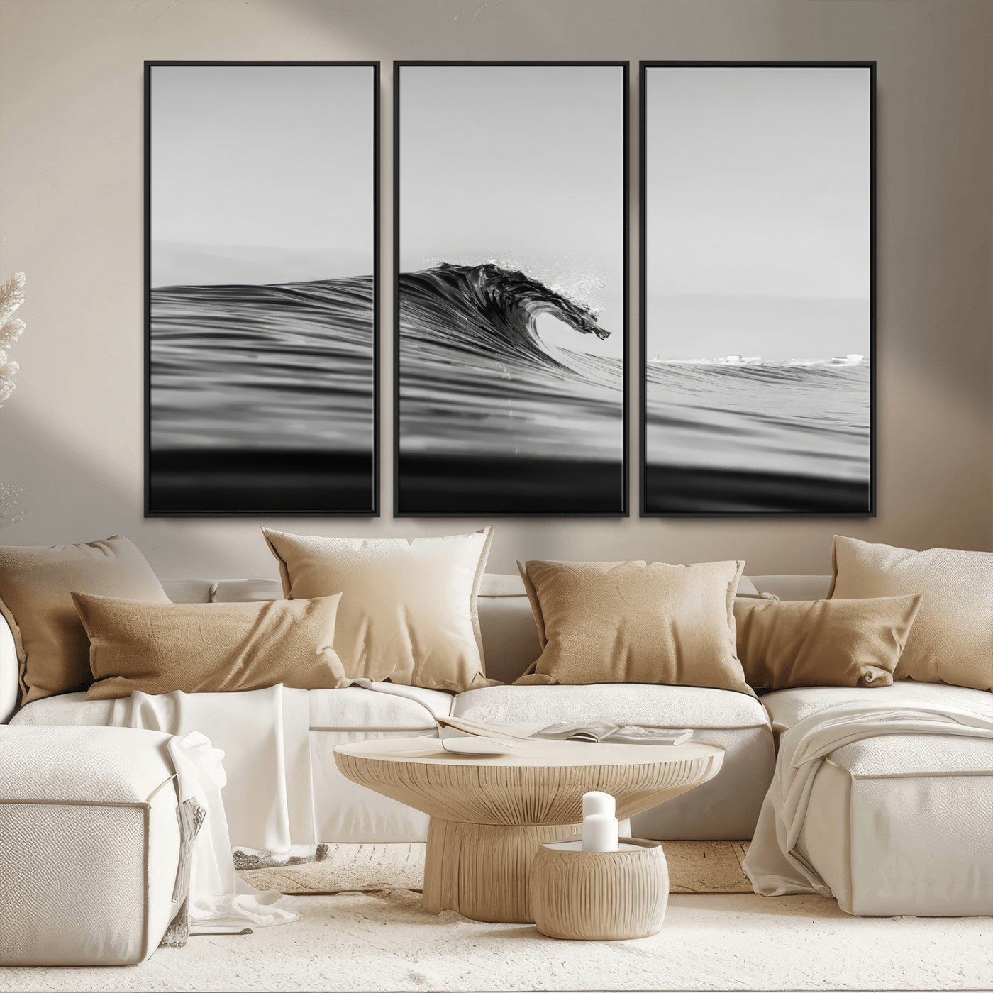 24029476-MGV-FC-48X32-3P_Black-Black Wave Wall Art Canvas Print, Framed Abstract Surf Art Picture Print, Minimalist Ocean Perfect Minimalist Coastal Decor