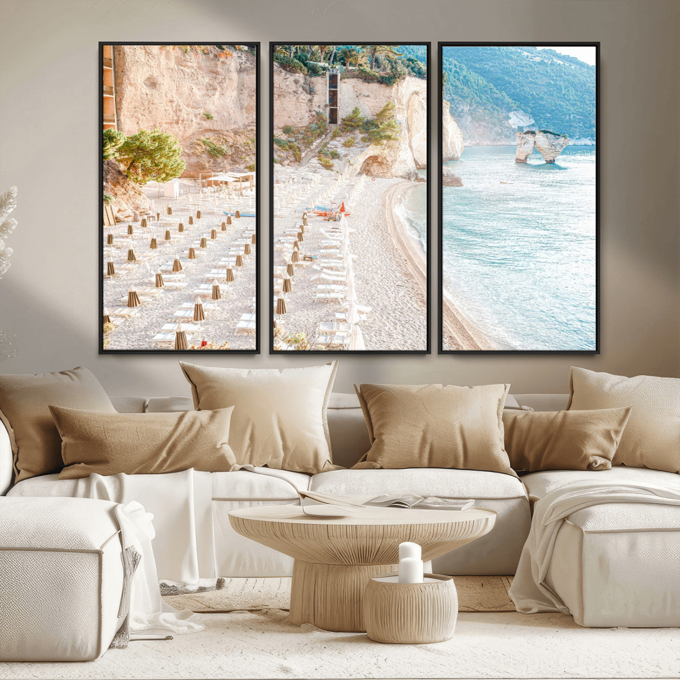 84816639-MGV-FC-48X32-3P_Black-Mediterranean Beach Wall Art Canvas Print, Framed Airy Coastal Art Picture Print, Summer Shore Perfect Coastal Retreat Decor