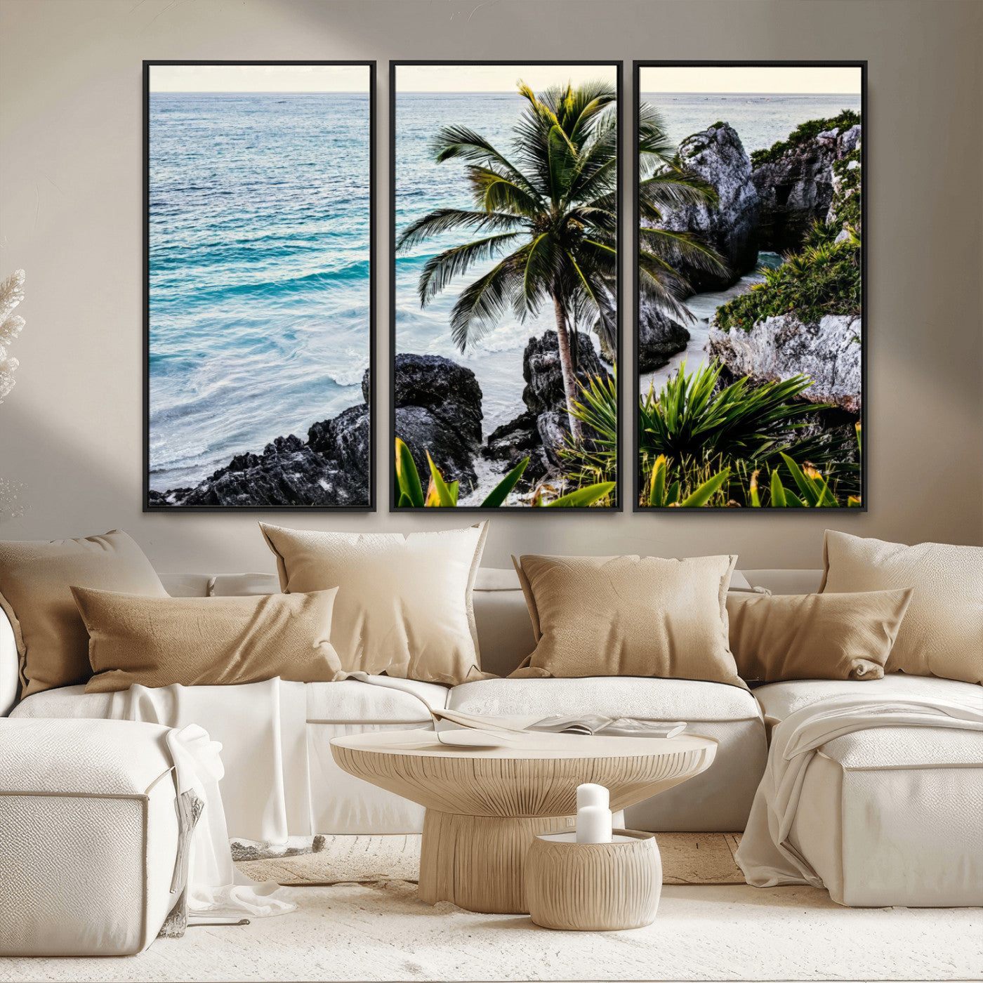 94669907-MGV-CV-36X24-Tropical Coastline Wall Art Canvas Print, Framed Palm Tree Art Picture Print, Rocky Beach Perfect Tropical Coastal Decor Artwork