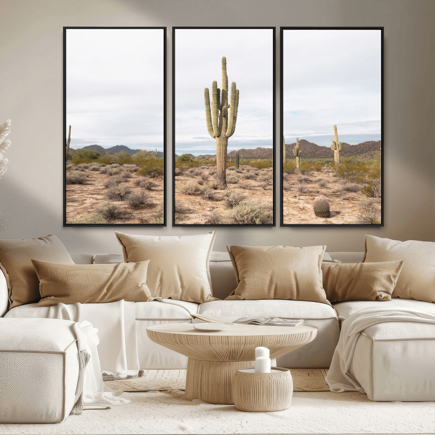 96147924-MGV-FC-48X32-3P_Black-Saguaro Cactus Wall Art Canvas Print, Framed Desert Cactus Art Picture Print, Earthy Desert Perfect Southwestern Boho Decor