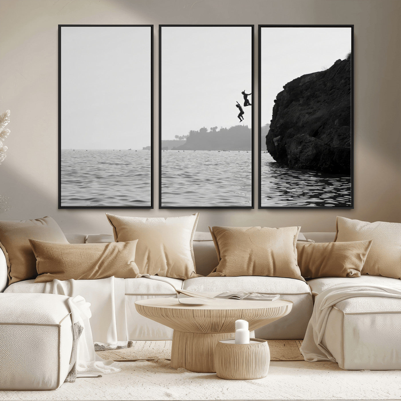 52284302-MGV-CV-36X24-Cliff Jumping Wall Art Canvas Print, Framed Ocean Adventure Art Picture Print, Black White Coast Perfect Modern Coastal Decor