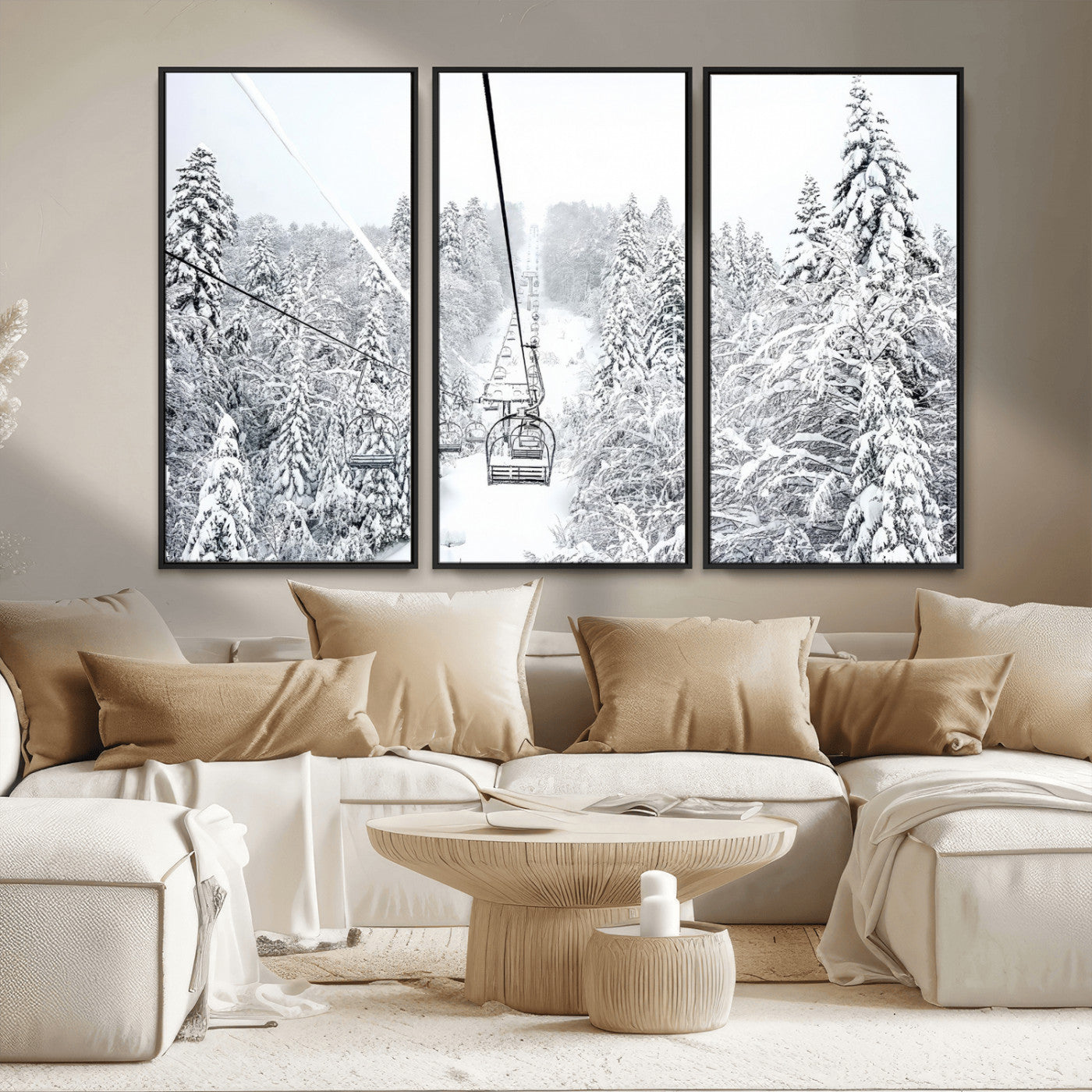 44705668-MGV-FC-48X32-3P_Black-Winter Forest Wall Art Canvas Print, Framed Snowy Forest Art Picture Print, Ski Lift Perfect Scandinavian Decor Artwork