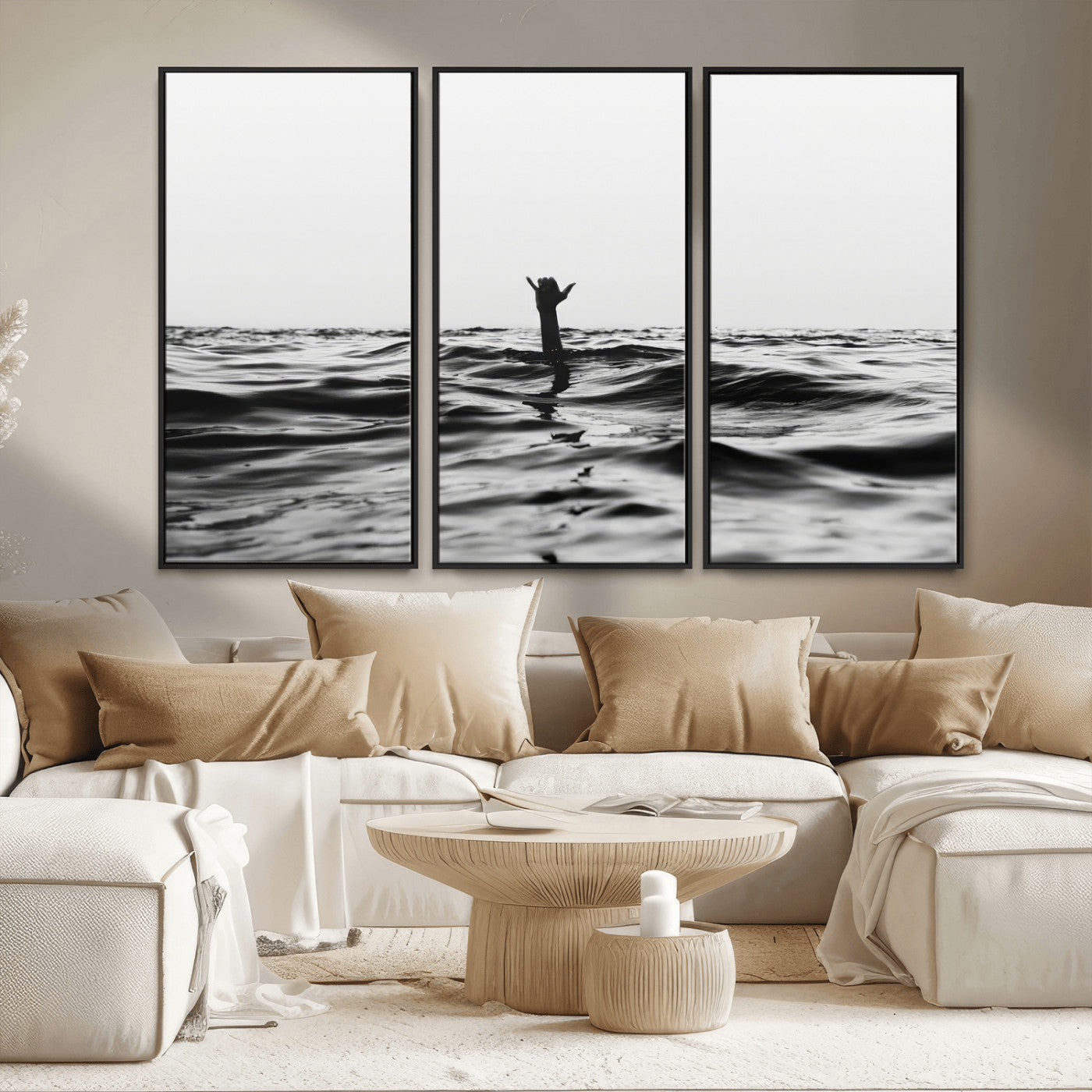 69541918-MGV-CV-36X24-Black White Ocean Wall Art Canvas Print, Framed Moody Seascape Art Picture Print, Surfer Sign Perfect Moody Minimalist Decor