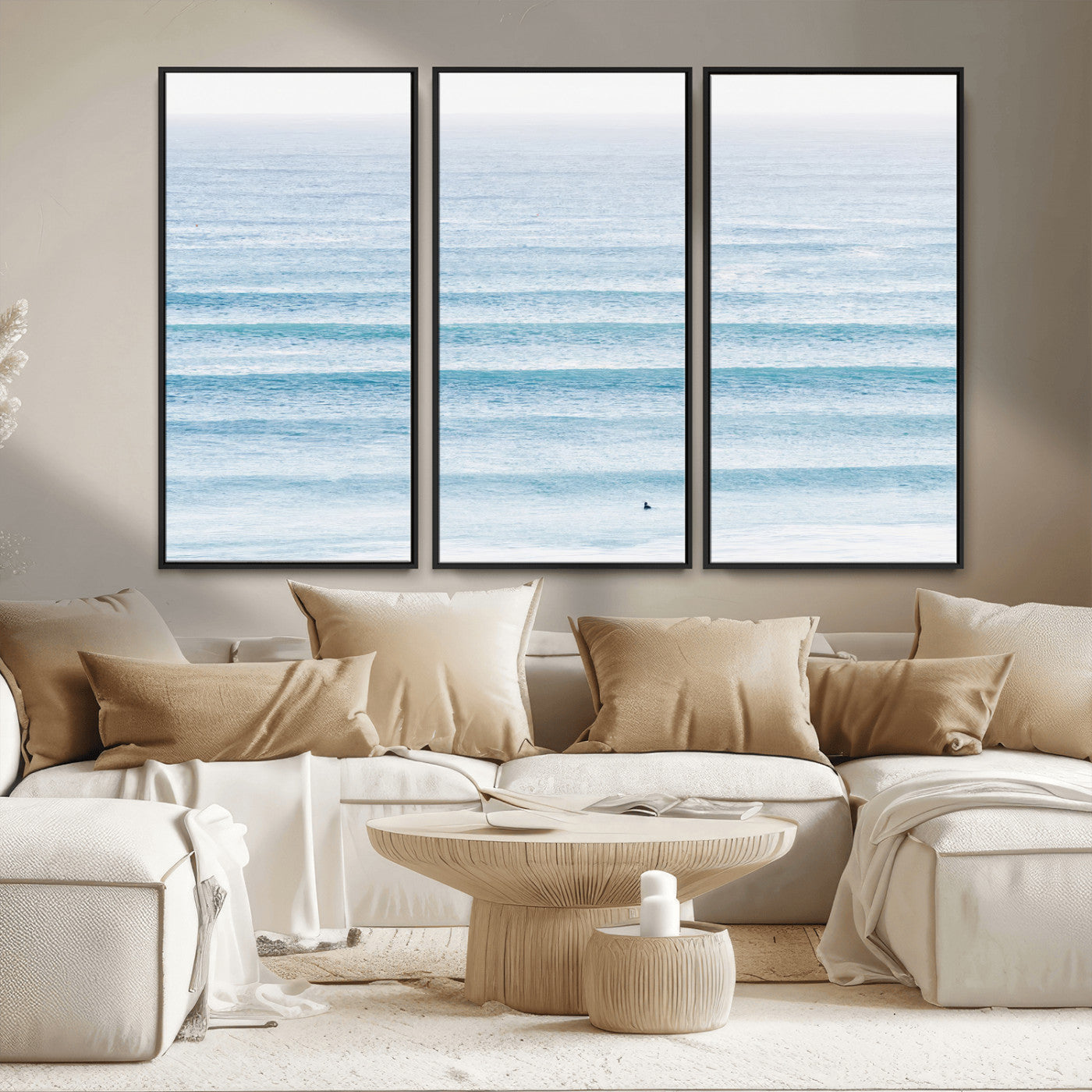 77145995-MGV-FC-48X32-3P_Black-Ocean Simplicity Wall Art Canvas Print, Framed Surfer on Water Art Picture Print, Light Blue Perfect Coastal Minimalist Decor