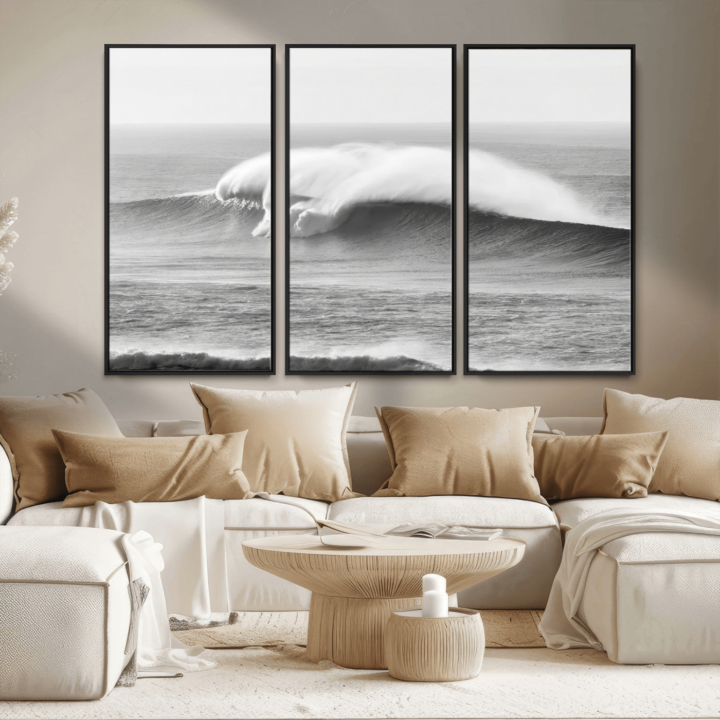 42544082-MGV-CV-36X24-Monochrome Seascape Wall Art Canvas Print, Framed Surf Wave Art Picture Print, Minimalist Ocean Perfect Moody Coastal Decor
