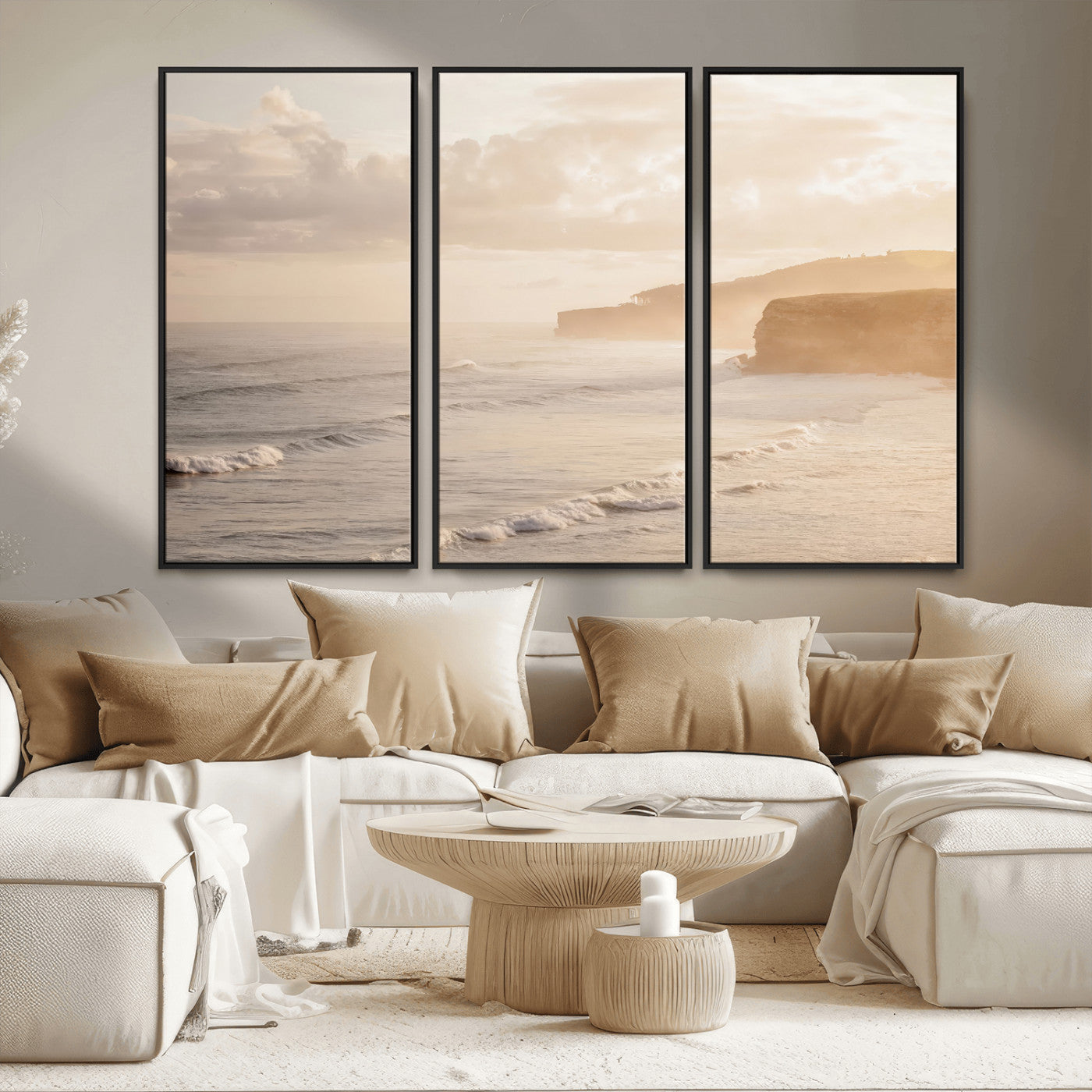 57669769-MGV-CV-36X24-Misty Coastal Wall Art Canvas Print, Framed Golden Sunset Art Picture Print, Serene Shoreline Perfect Tranquil Coastal Decor