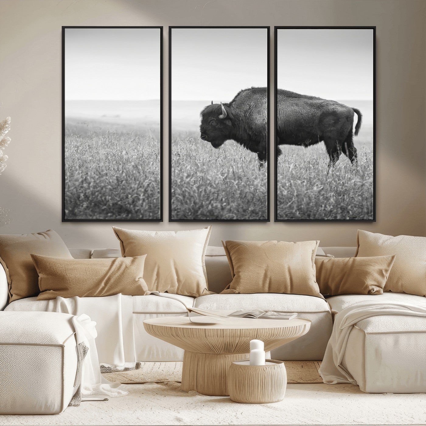 28435251-MGV-CV-36X24-Bison In Prairie Wall Art Canvas Print, Framed Rustic Wildlife Art Picture Print, Wild Buffalo Perfect Rustic Western Decor