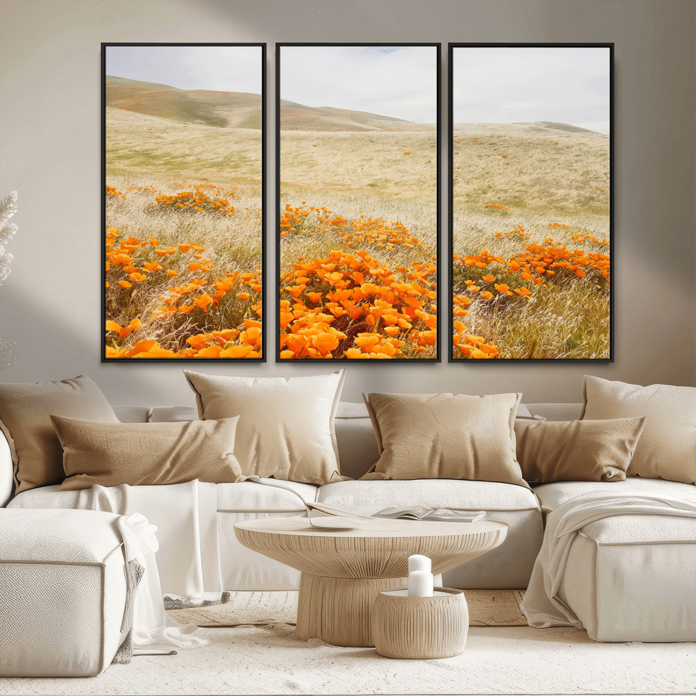 28972262-MGV-CV-36X24-Golden Wildflowers Wall Art Canvas Print, Framed Hills Bloom Art Picture Print, Poppy Meadow Perfect Rustic Nature Decor Artwork