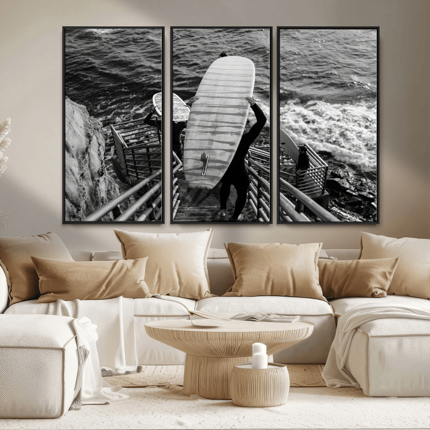 32353707-MGV-CV-36X24-Black White Surfing Wall Art Canvas Print, Framed Coastal Surfing Art Picture Print, Wave Riders Perfect Coastal Adventure Decor
