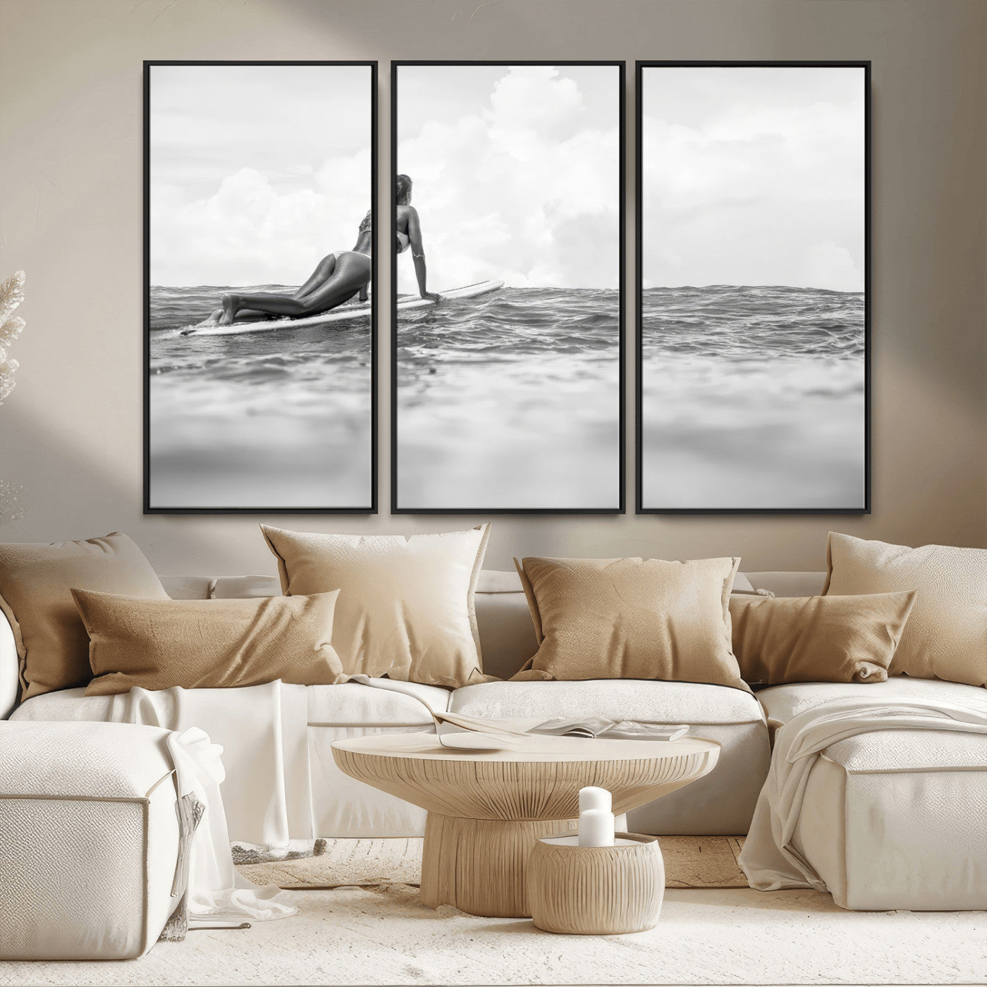 69798068-MGV-FC-48X32-3P_Black-Black White Surfing Wall Art Canvas Print, Framed Ocean Horizon Art Picture Print, Surfer Girl Perfect Coastal Adventure Decor