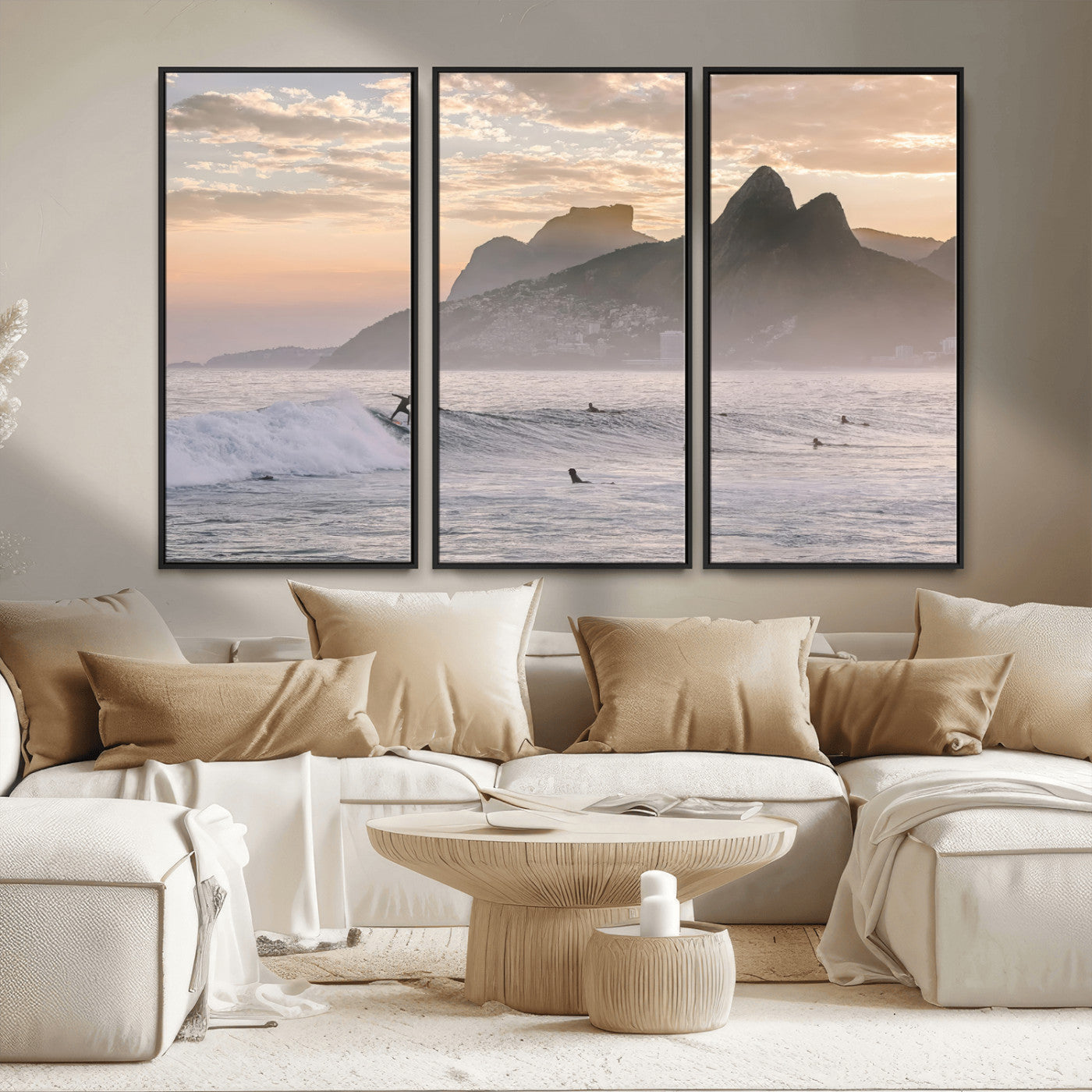 70644906-MGV-CV-36X24-Sunset Surfing Wall Art Canvas Print, Framed Misty Mountains Art Picture Print, Surfer Riding Wave Perfect Coastal Adventure Decor