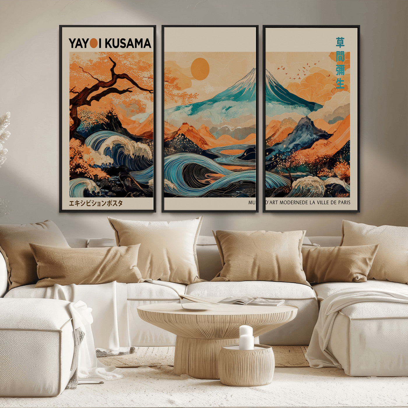 22373530-MGV-CV-36X24-Japanese Mt Fuji Wave Art Print – Ukiyo e Inspired Sun & Cherry Blossom Poster, Traditional Asian Landscape Painting, Modern