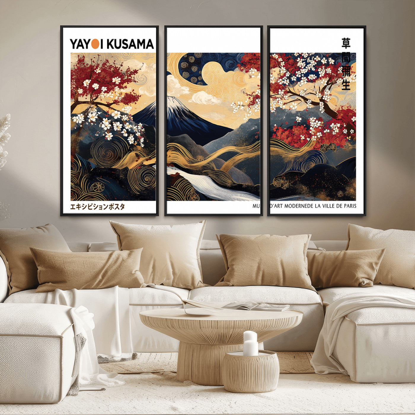 66243961-MGV-CV-36X24-Mount Fuji Japanese Wall Art – Golden Abstract Landscape Canvas Print, Cherry Blossom Painting, Modern Oriental Zen Home Decor