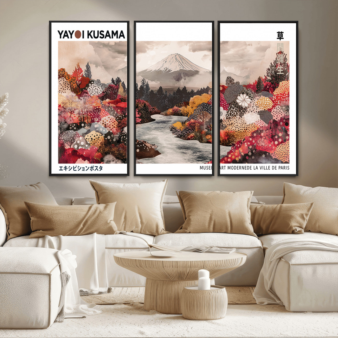 32352074-MGV-FC-48X32-3P_Black-Japanese Landscape Wall Art – Mount Fuji River Canvas Print, Modern Asian Inspired Nature Decor for Living Room, Bedroom, Office