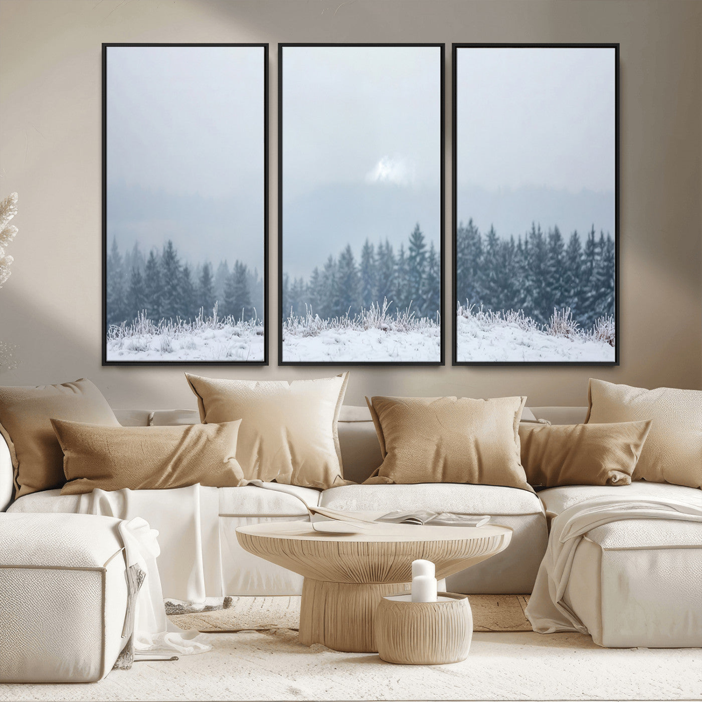 33033082-MGV-CV-36X24-Winter Forest Art Wall Art Canvas Print, Framed Snowy Landscape Art Picture Print, Misty Tree Scene Perfect Nordic Minimalist