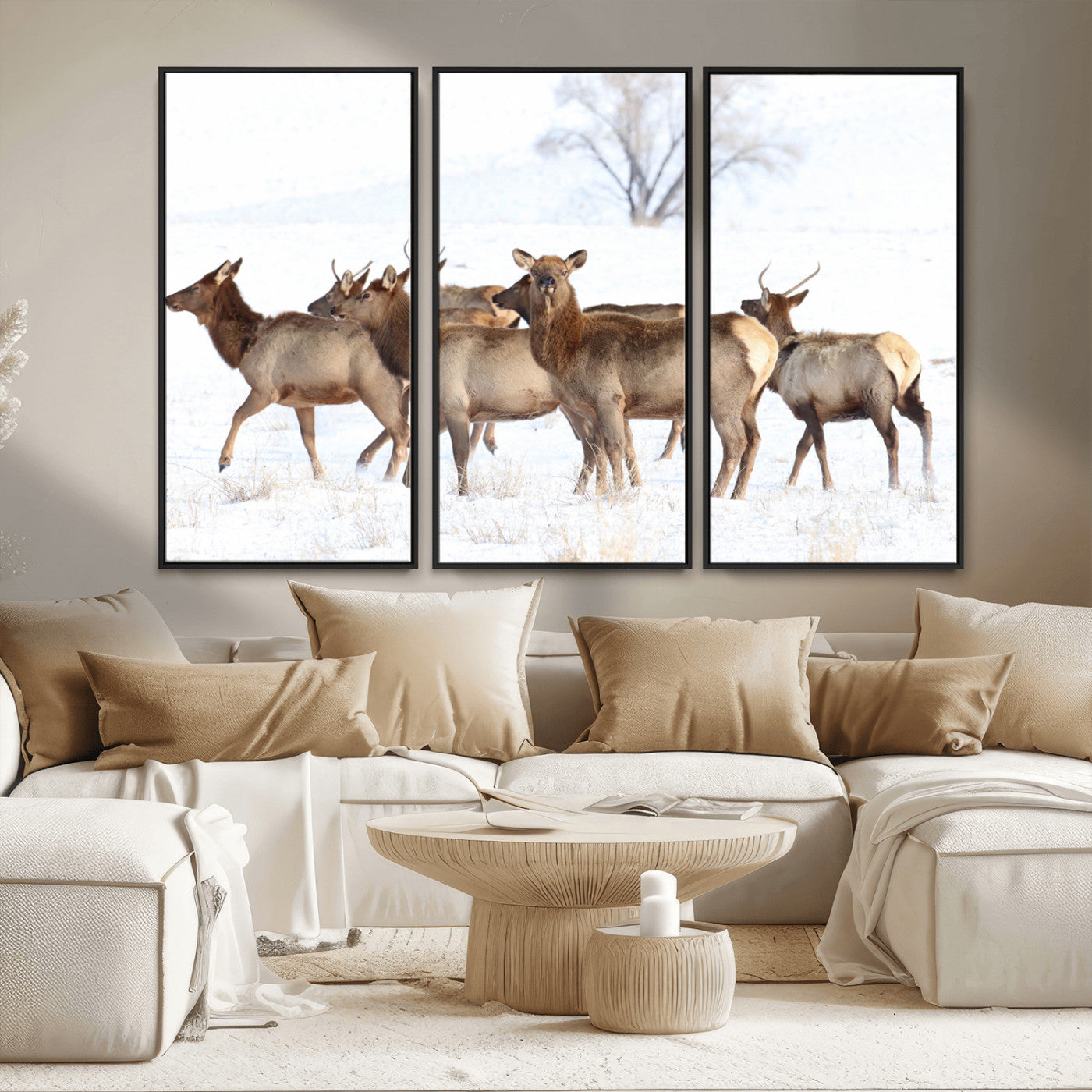 68738684-MGV-FC-48X32-3P_Black-Winter Elk Scene Wall Art Canvas Print, Framed Wildlife Photography Art Picture Print, Snowy Deer Decor Perfect Rustic Lodge Decor