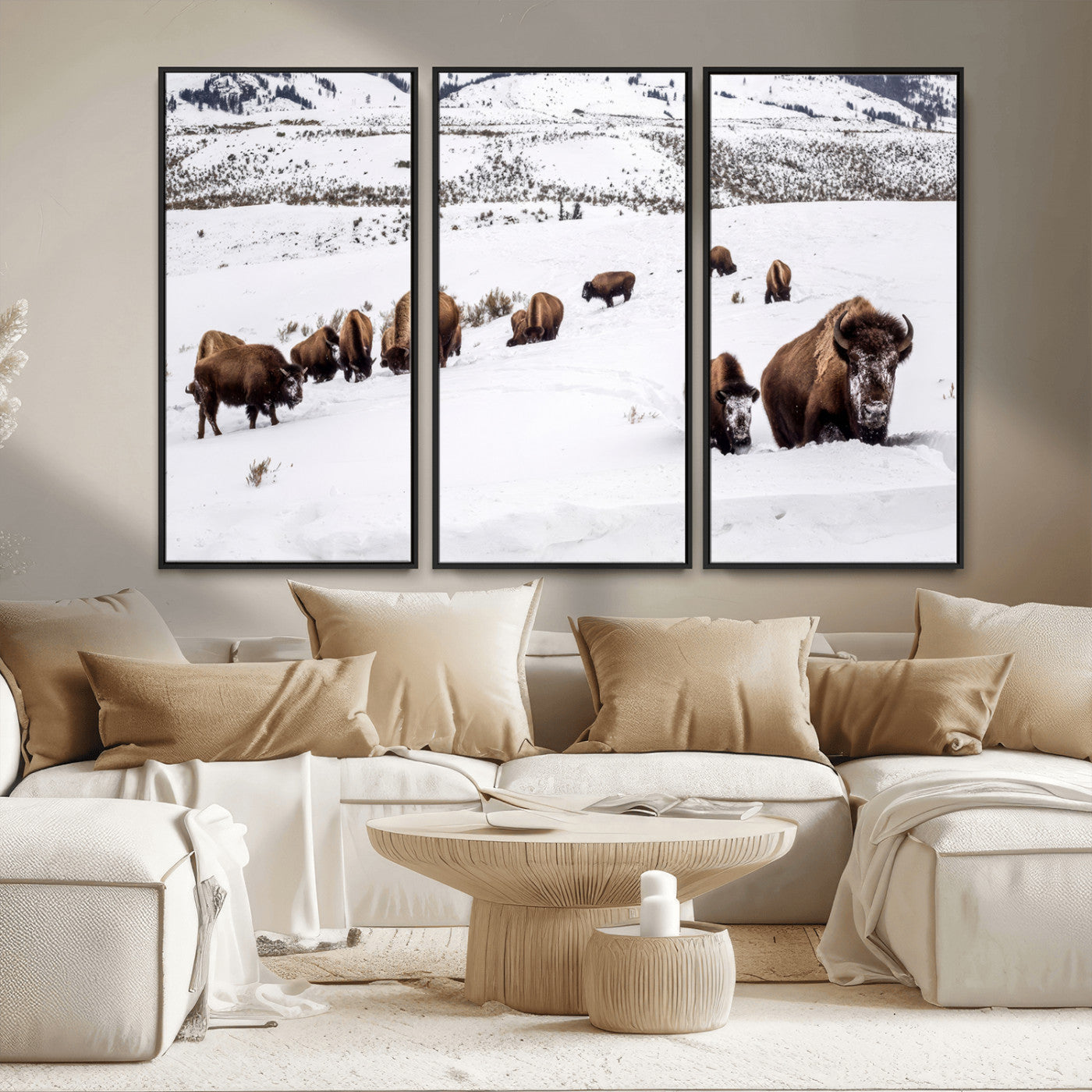 13891210-MGV-CV-36X24-Bison Herd Scene Wall Art Canvas Print, Framed Western Wildlife Decor Art Picture Print, Snowy Mountain Valley Perfect Rustic