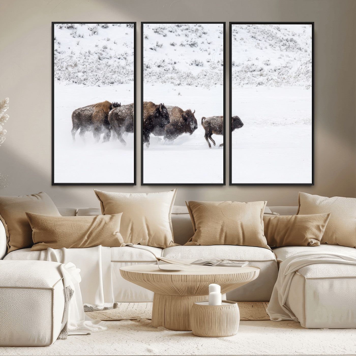 56216945-MGV-FC-48X32-3P_Black-Bison Herd Decor Wall Art Canvas Print, Framed Snowy Bison Scene Art Picture Print, Winter Wildlife Theme Perfect Rustic Western