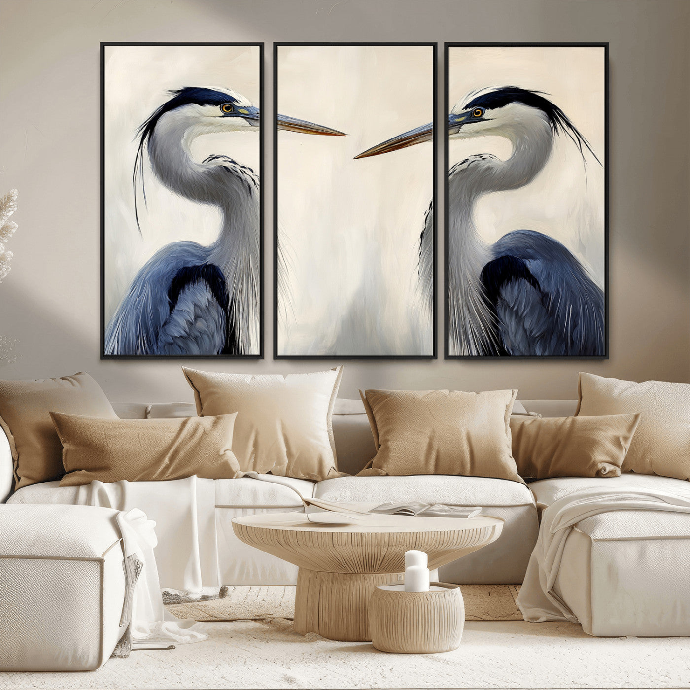 18230556-MGV-CV-36X24-Blue Heron Pair Wall Art Canvas Print, Framed Coastal Bird Theme Art Picture Print, Tranquil Wildlife Scene Perfect Coastal