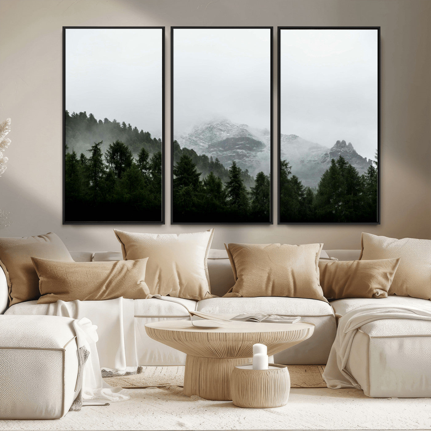 55968349-MGV-FC-48X32-3P_Black-Misty Mountains Wall Art Canvas Print, Framed Foggy Forest Art Picture Print, Snowy Peaks Perfect Moody Wilderness Decor Artwork